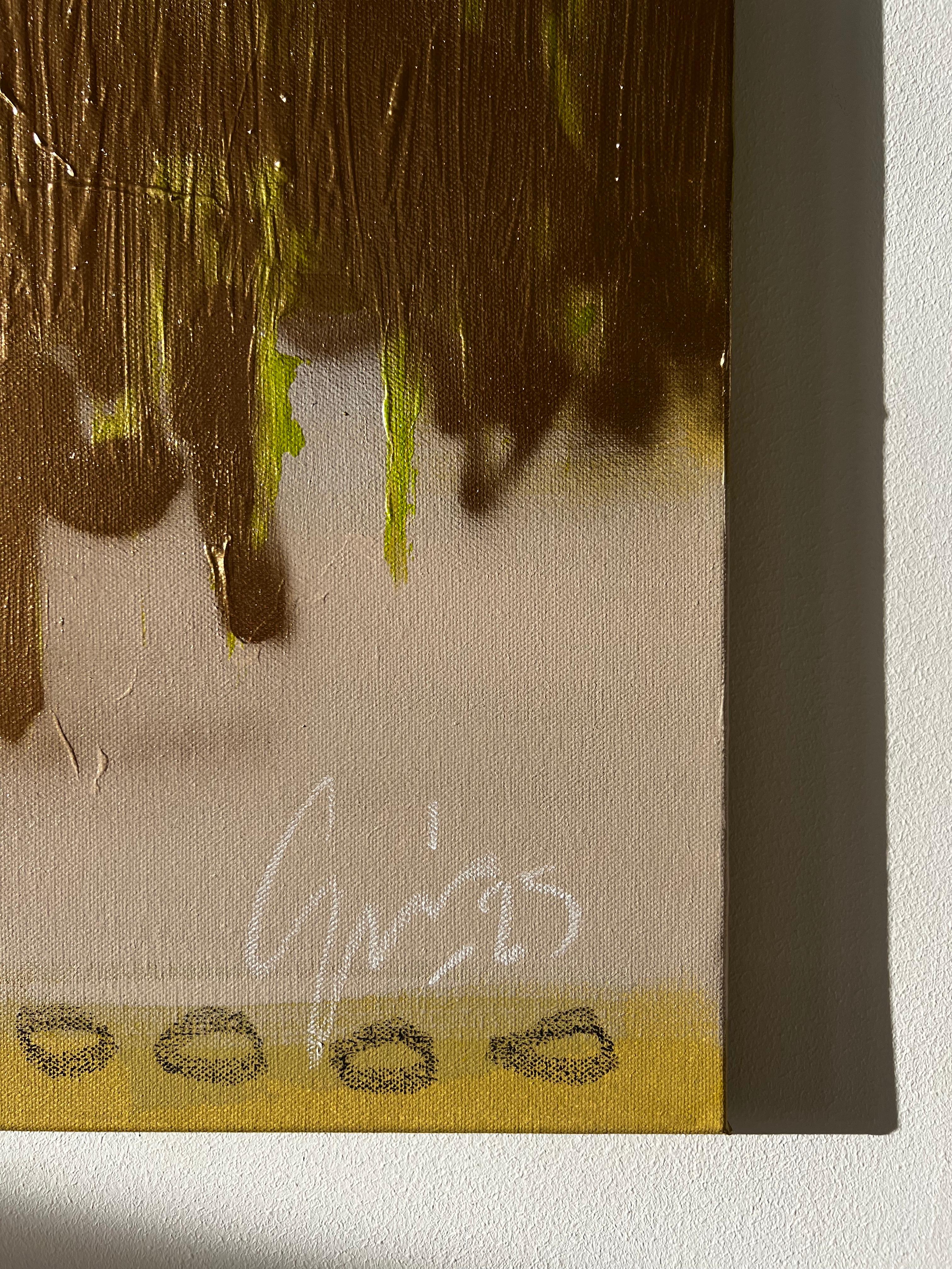 “[NON] TOXIC?” is a thought-provoking contemporary abstract painting by Finnish multidisciplinary artist Emmi Iida. The work combines raw texture, metallic luminosity, and text-based commentary to question the blurred line between toxicity and
