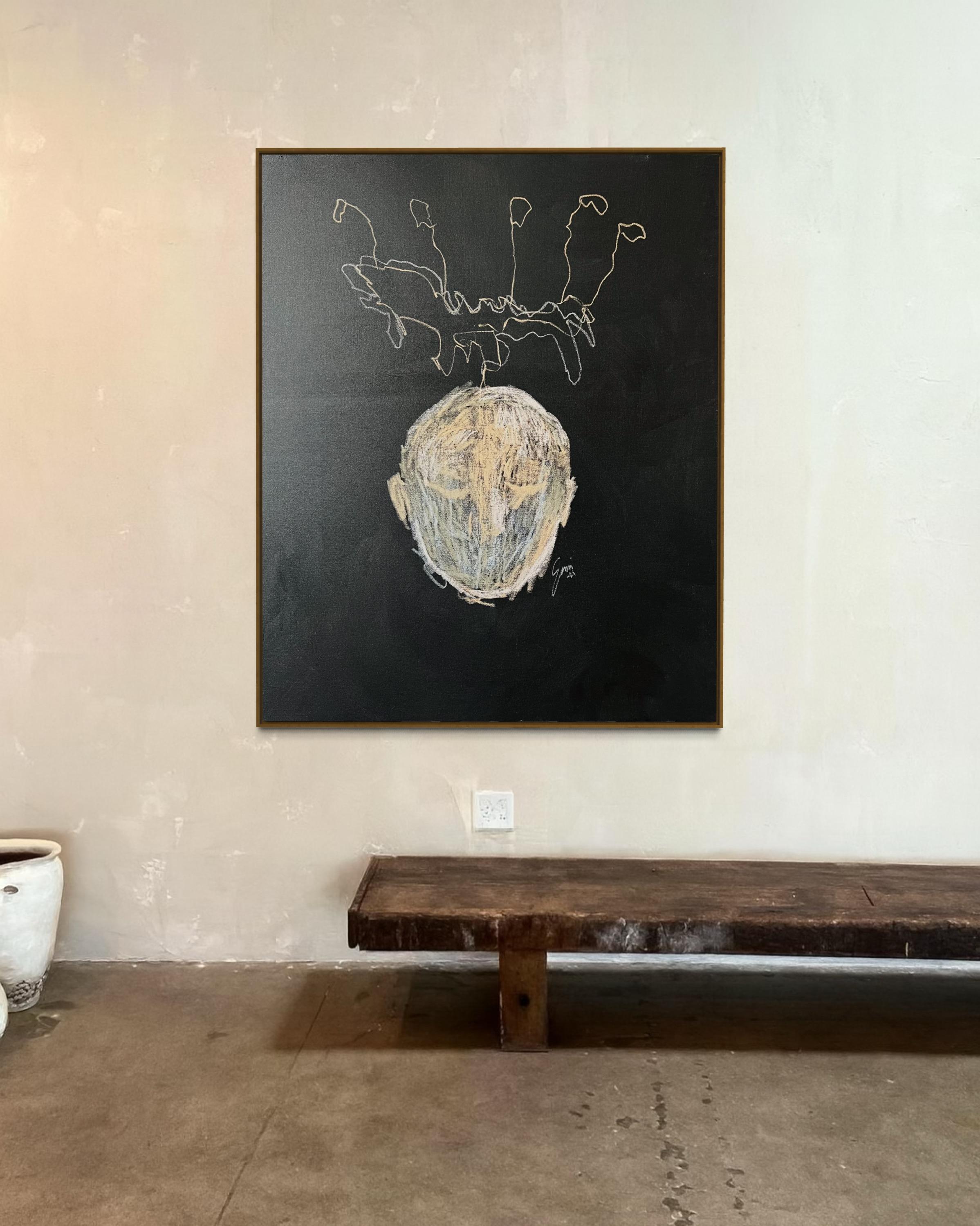 Silent Crown - Große zeitgenössische abstrakte meditative gelbe schwarz graue Malerei (Abstrakter Expressionismus), Mixed Media Art, von EMMI IIDA