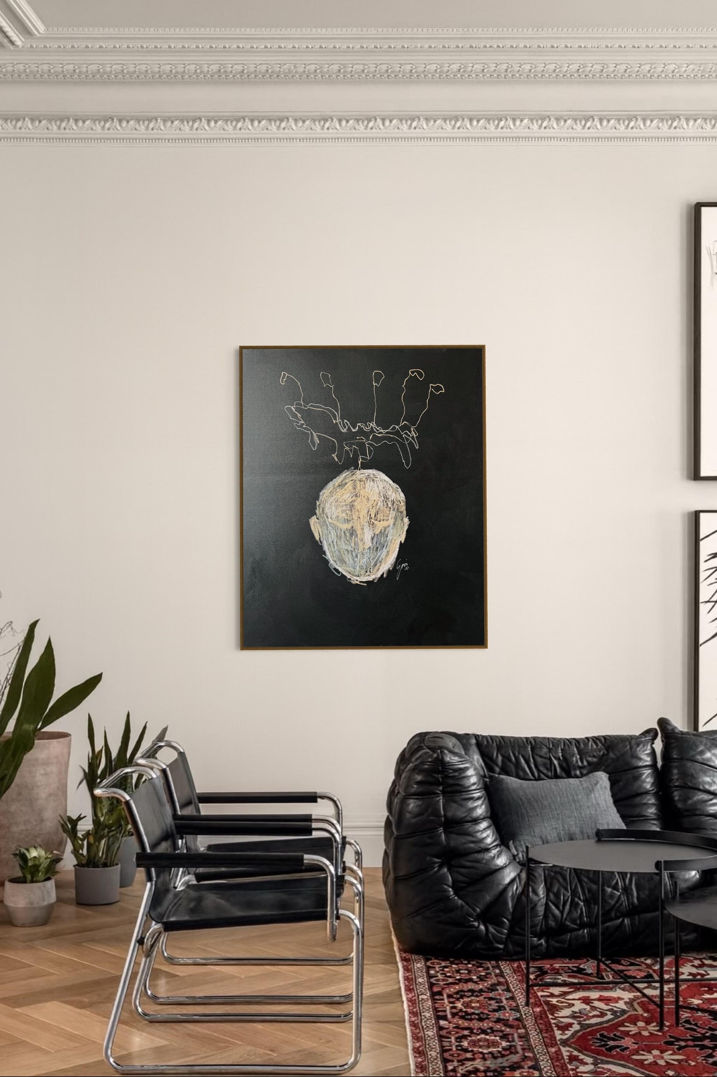 Silent Crown - Große zeitgenössische abstrakte meditative gelbe schwarz graue Malerei im Angebot 2