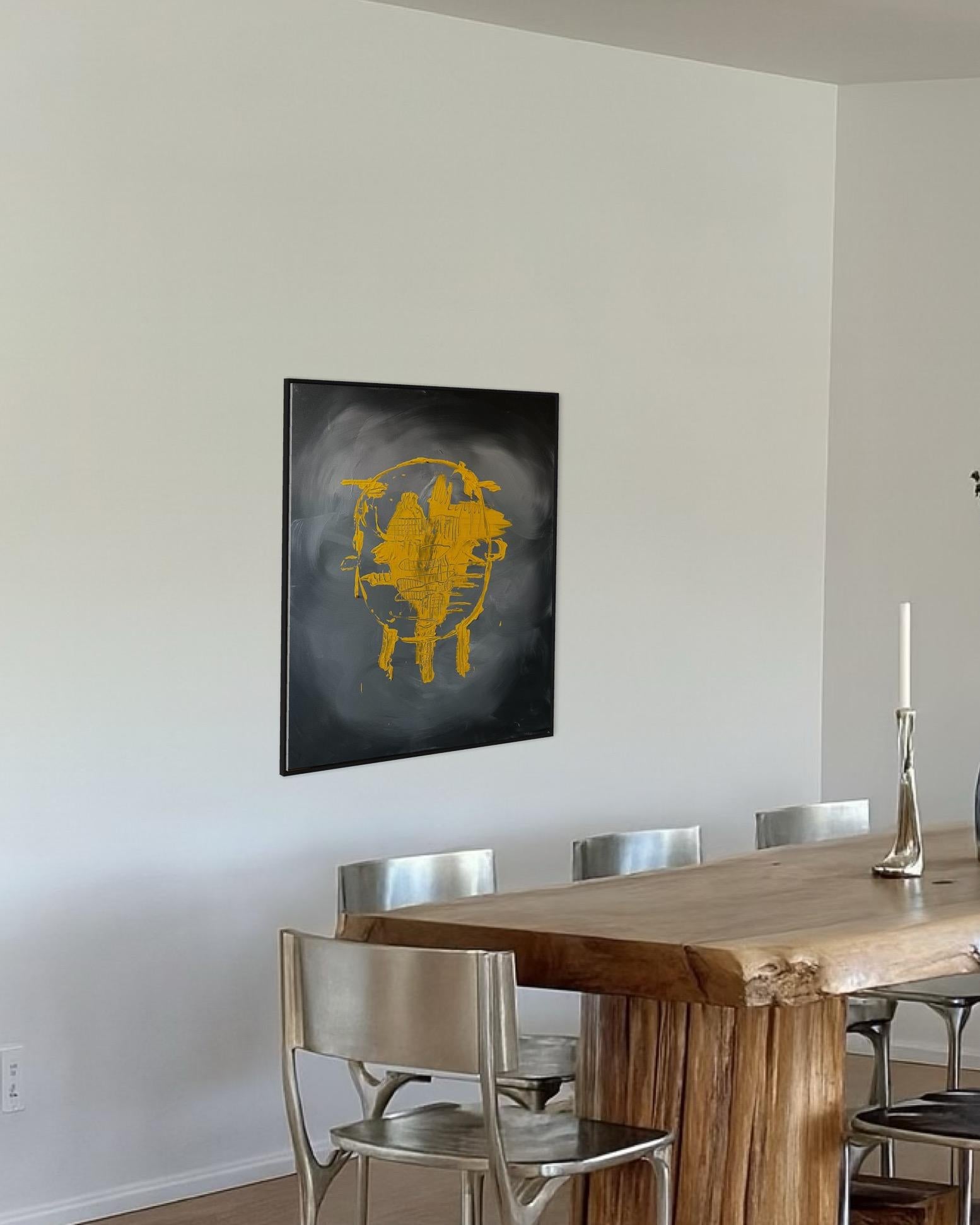 Solar Echo - Grande peinture abstraite jaune gris foncé Statement Piece en vente 12