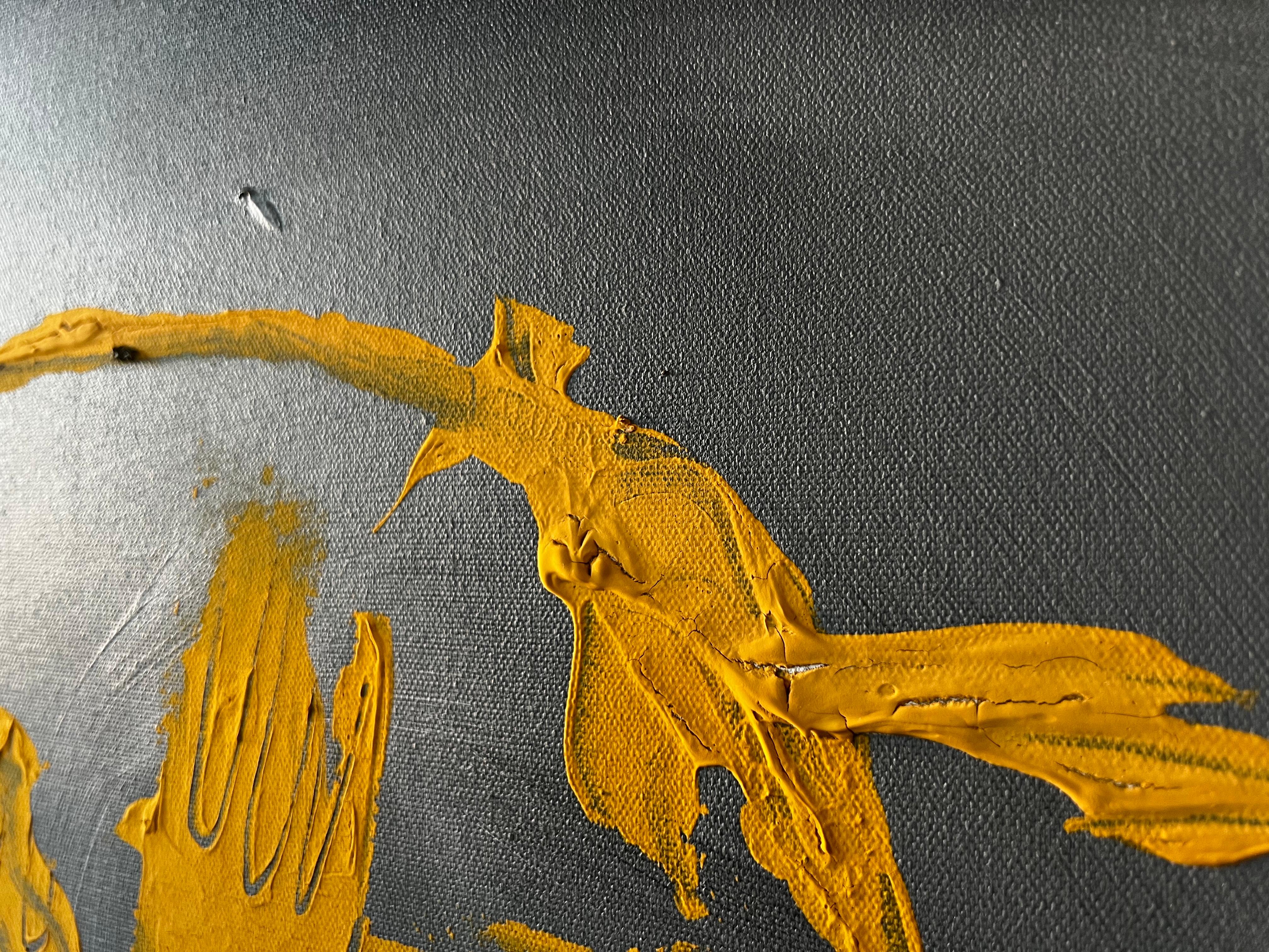 Solar Echo - Grande peinture abstraite jaune gris foncé Statement Piece en vente 13