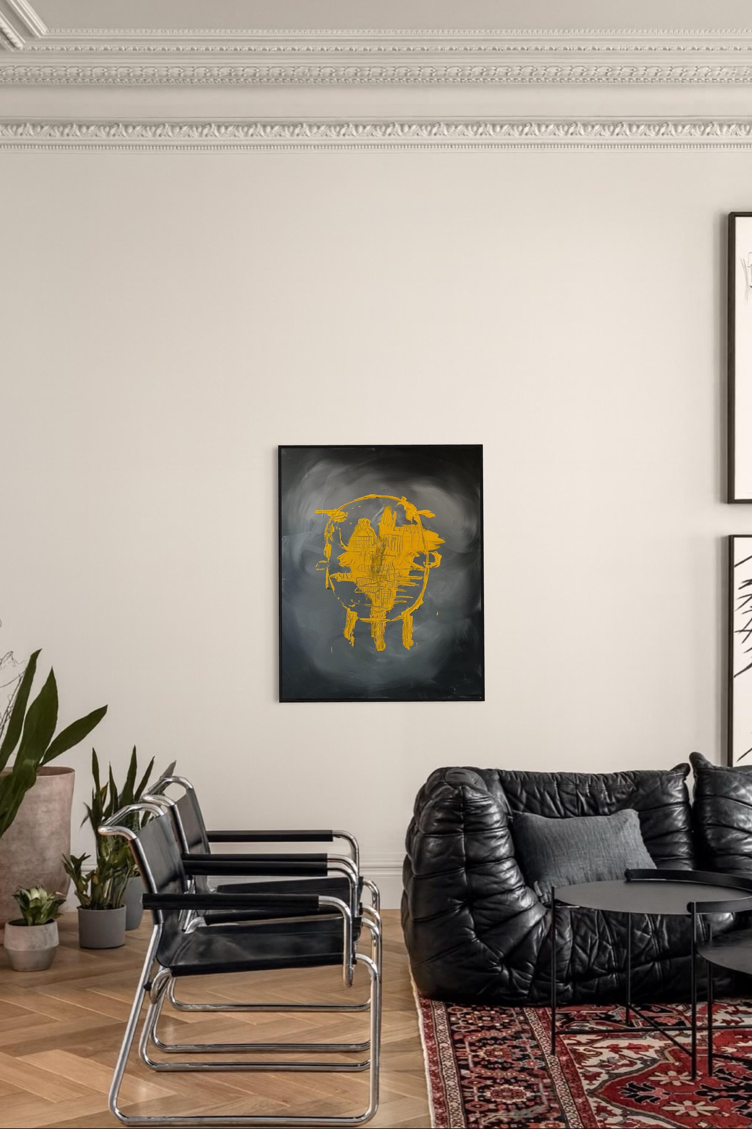 Solar Echo - Grande peinture abstraite jaune gris foncé Statement Piece - Expressionnisme abstrait Mixed Media Art par EMMI IIDA
