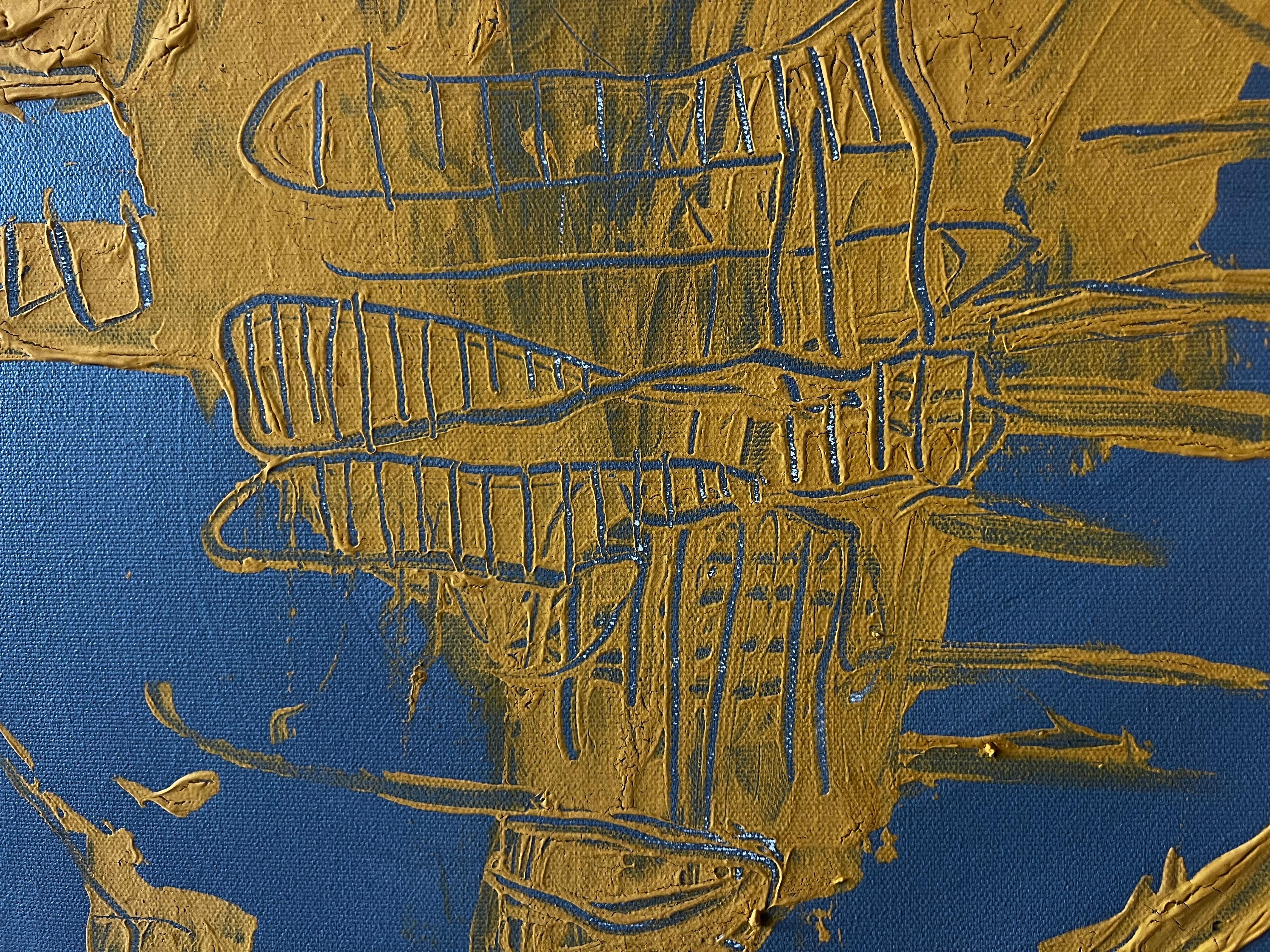 Solar Echo - Grande peinture abstraite jaune gris foncé Statement Piece en vente 1