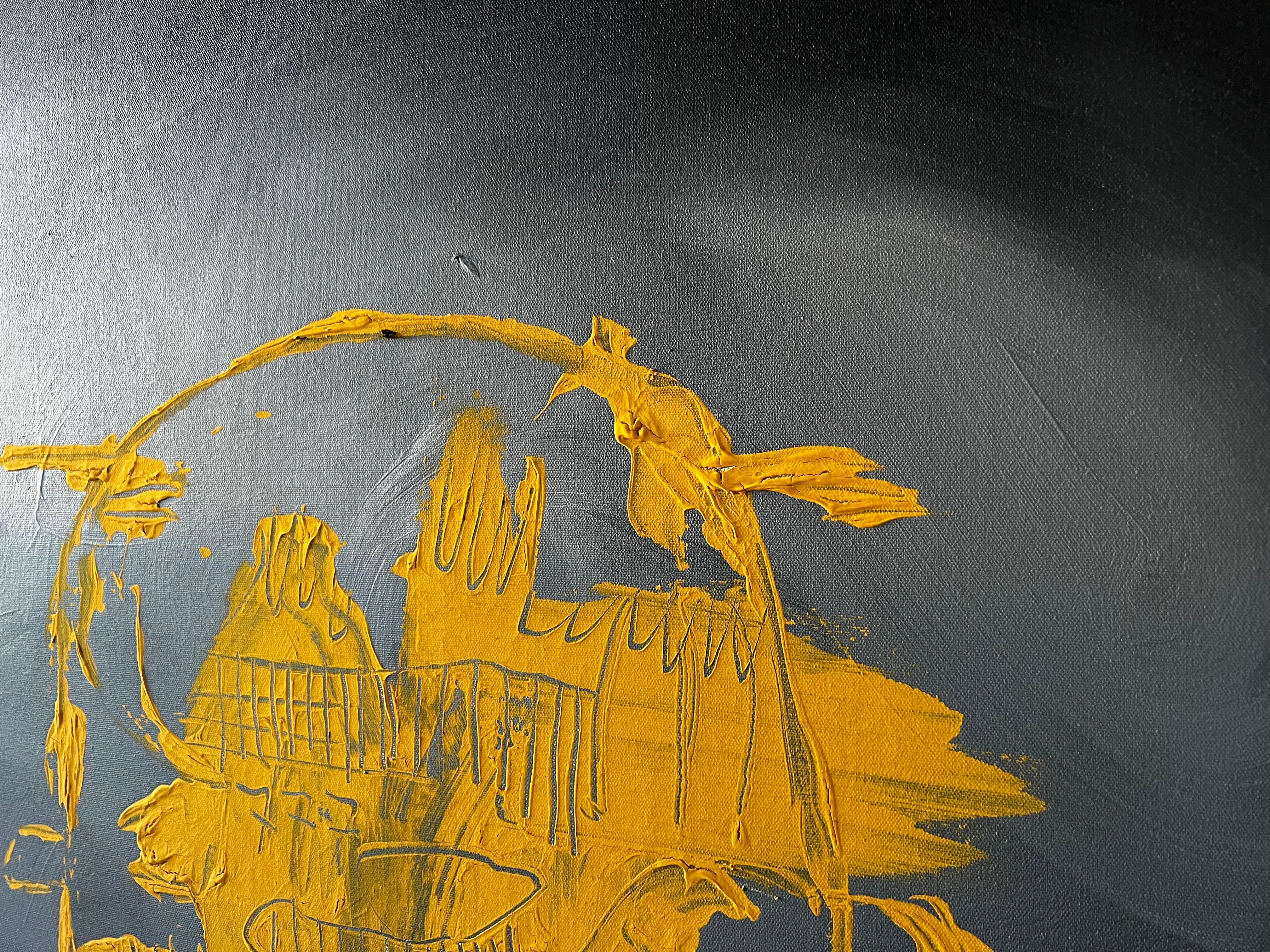Solar Echo - Grande peinture abstraite jaune gris foncé Statement Piece en vente 5
