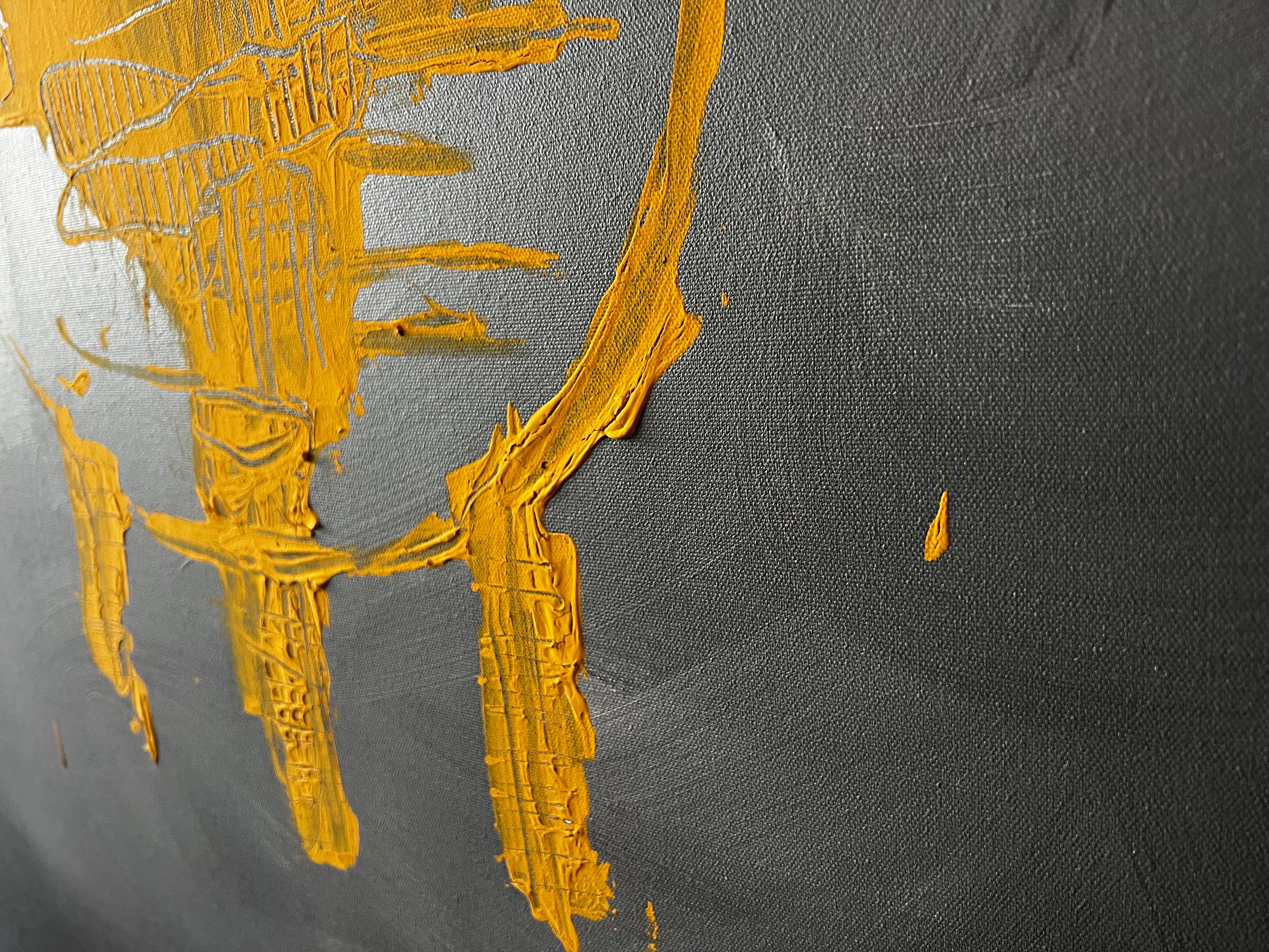 Solar Echo - Grande peinture abstraite jaune gris foncé Statement Piece en vente 6