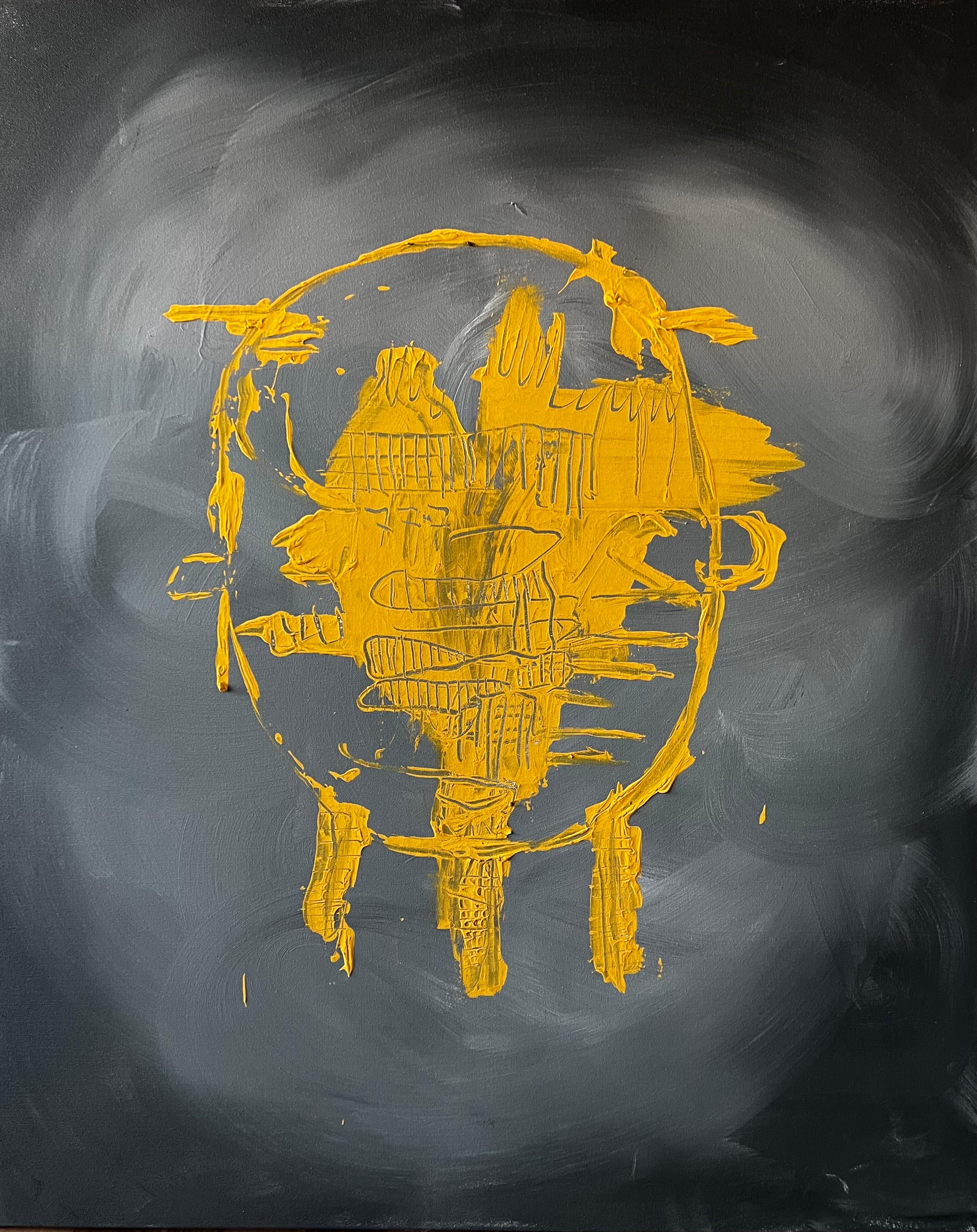 Solar Echo - Grande peinture abstraite jaune gris foncé Statement Piece - Mixed Media Art de EMMI IIDA