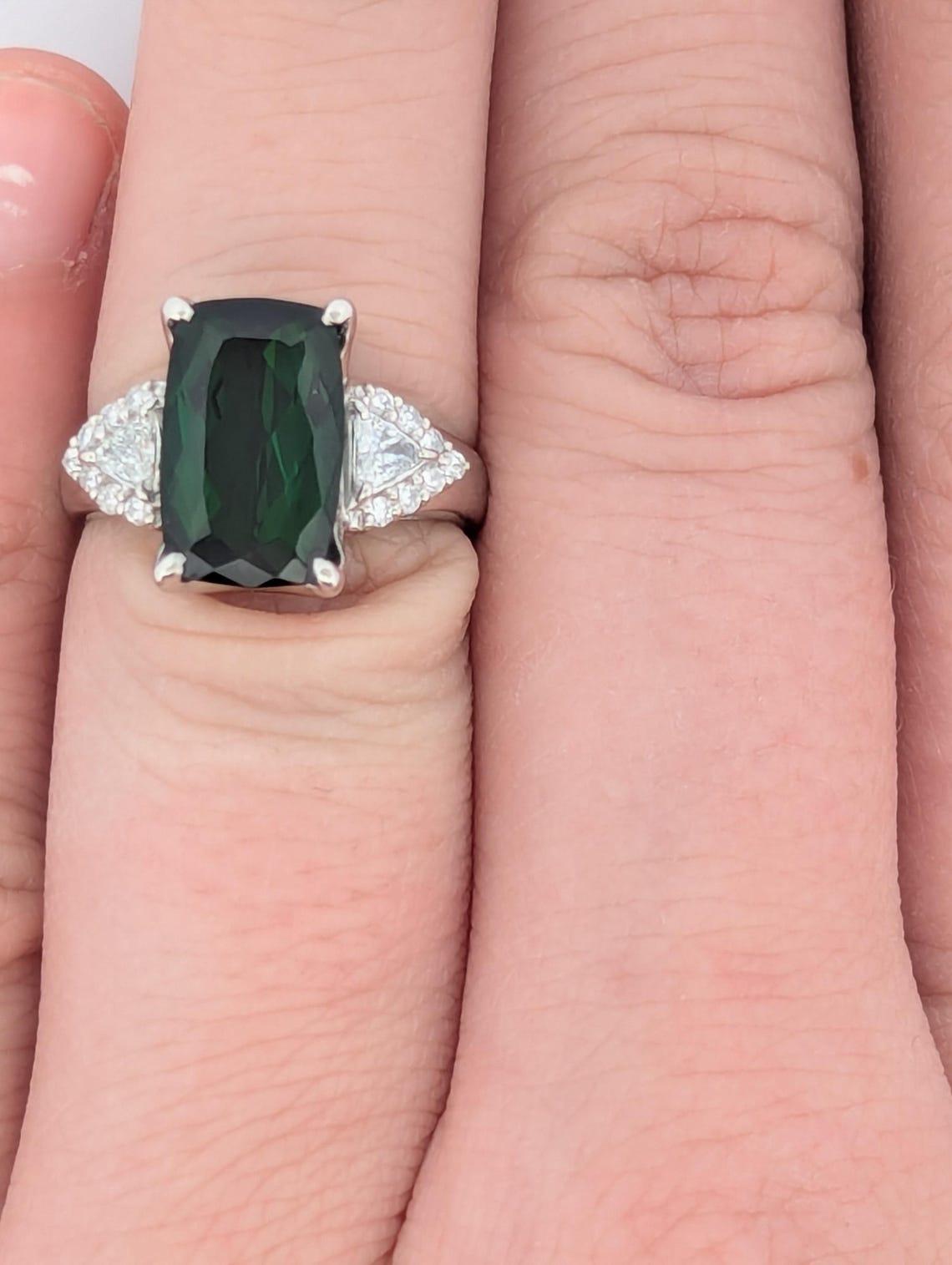 Modern Emmie Platinum Ring, Green Gemstone Engagement Ring, Luxury Fine Jewelry, Size 4