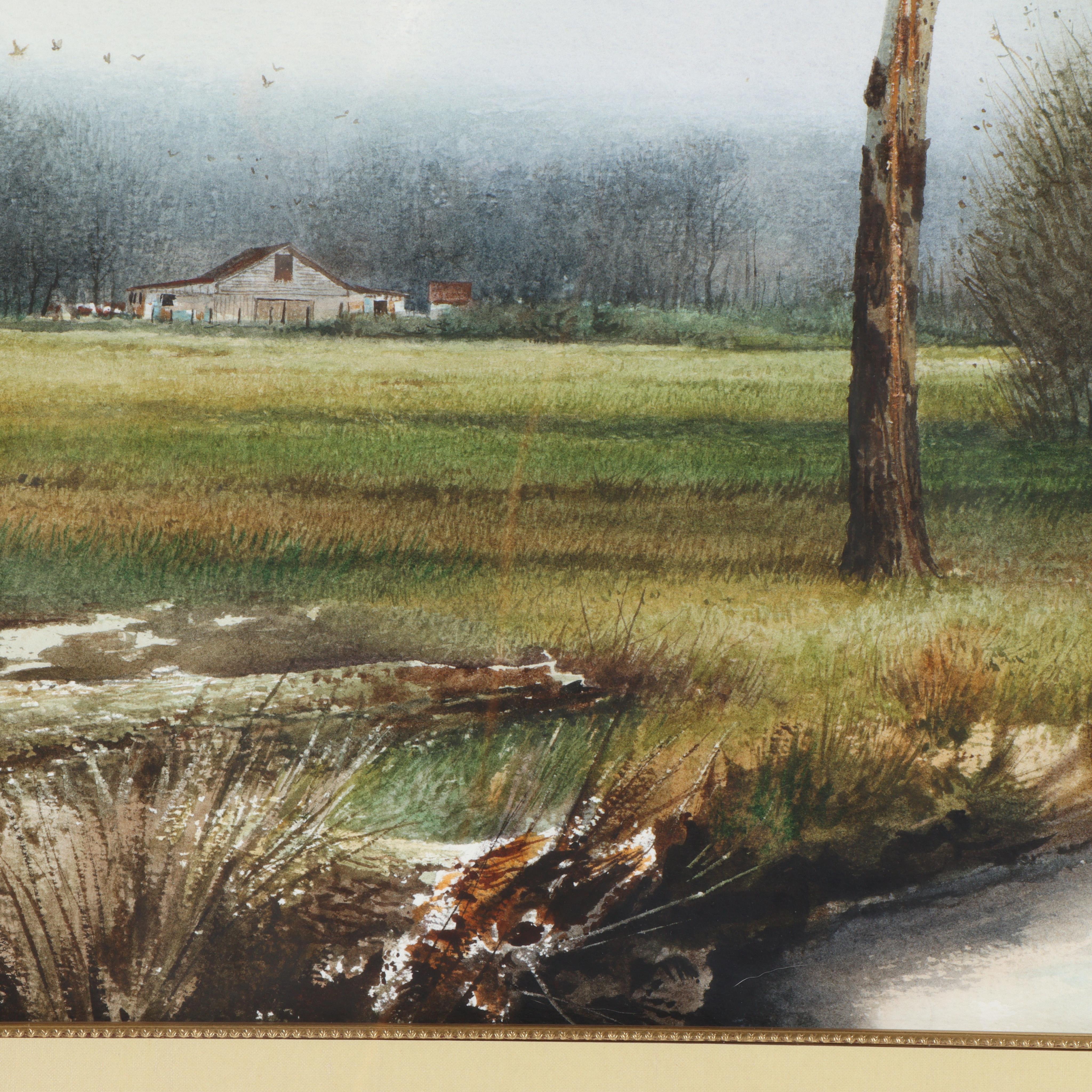 Landschaft mit Bach und Scheune in der Ferne im Angebot 6