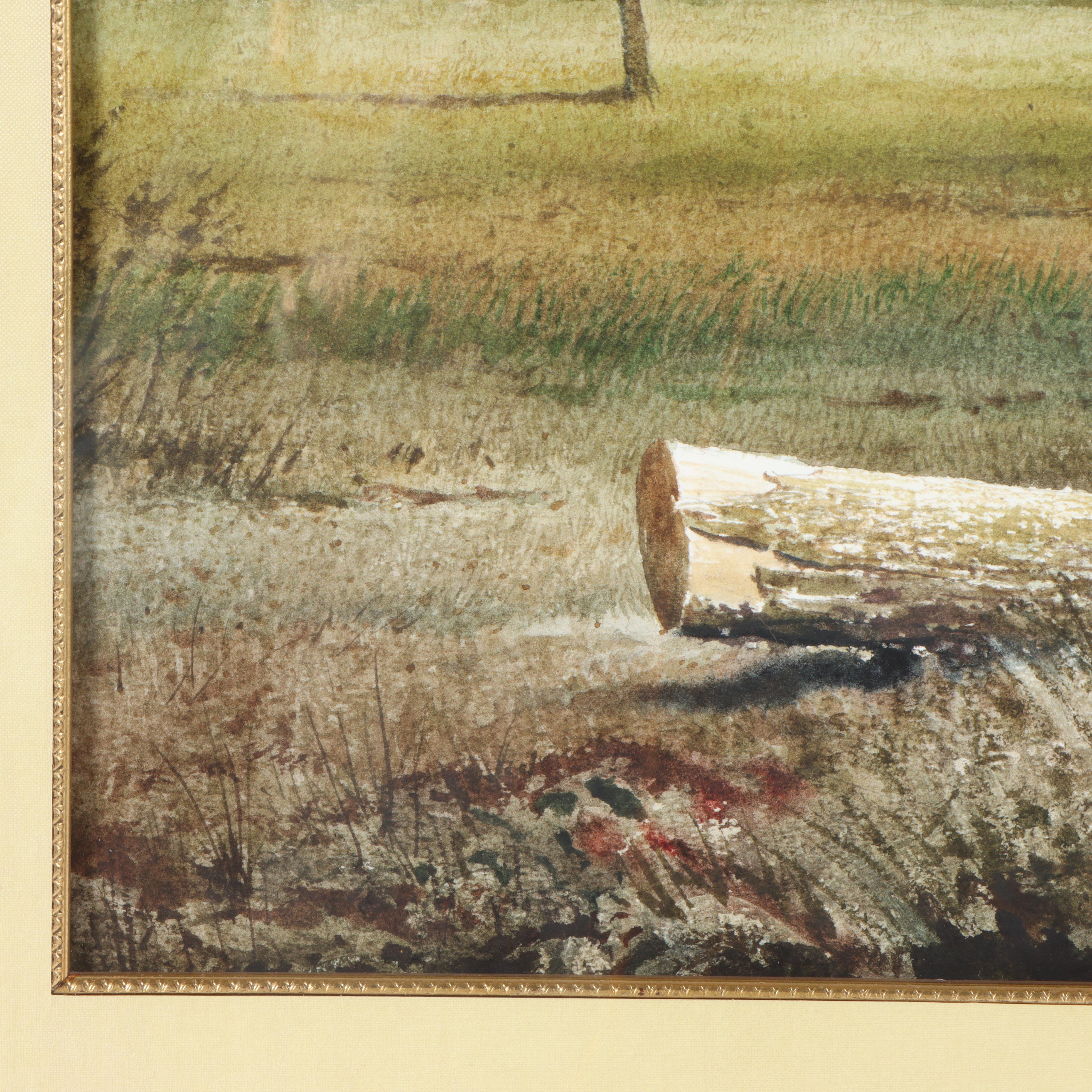 Landschaft mit Bach und Scheune in der Ferne im Angebot 7