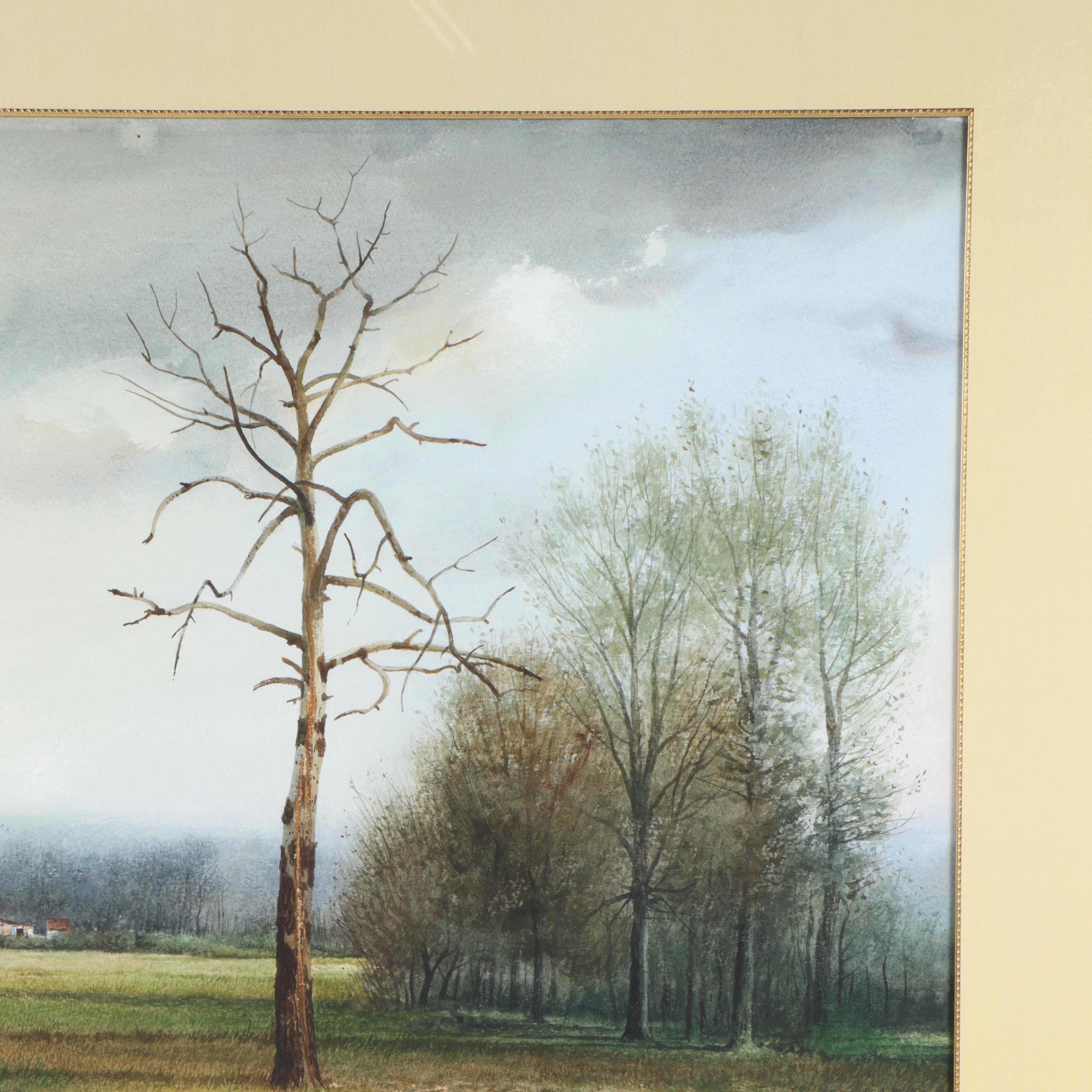 Landschaft mit Bach und Scheune in der Ferne – Painting von Emmitt Thames