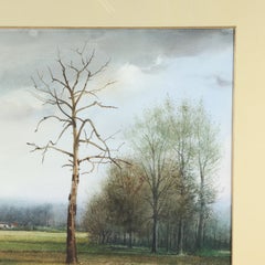 paysage avec ruisseau et grange au loin