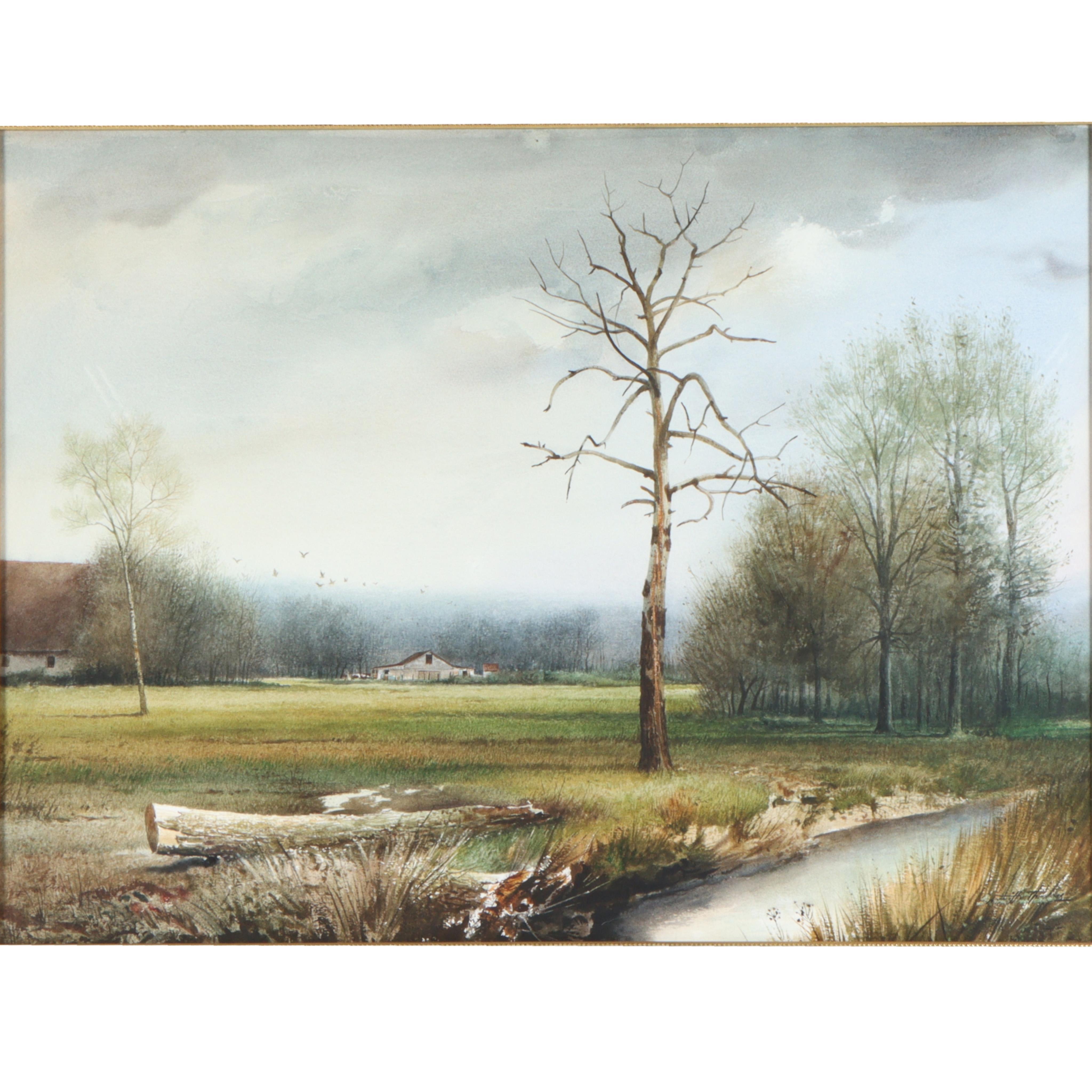 Landschaft mit Bach und Scheune in der Ferne im Angebot 1