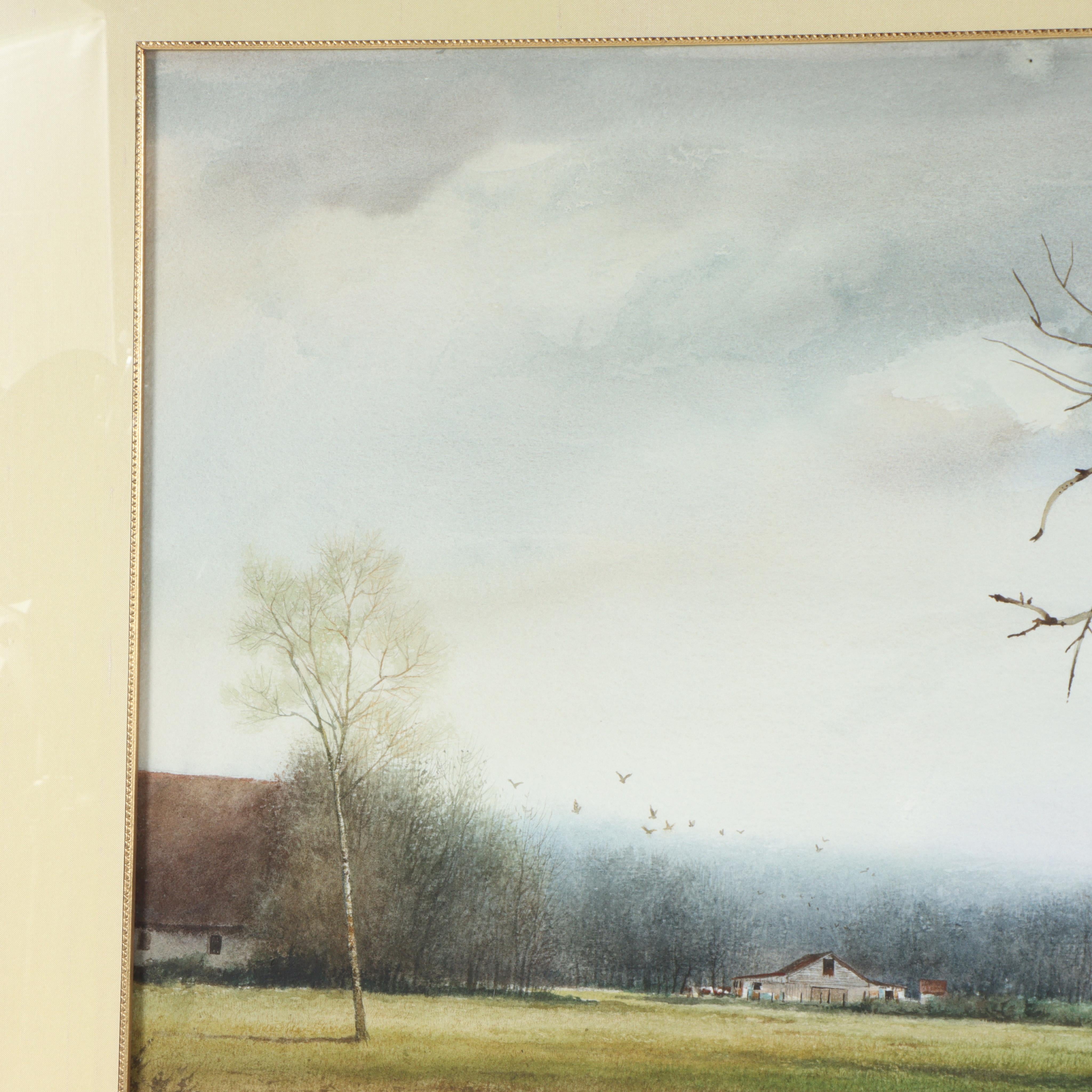 Landschaft mit Bach und Scheune in der Ferne im Angebot 3