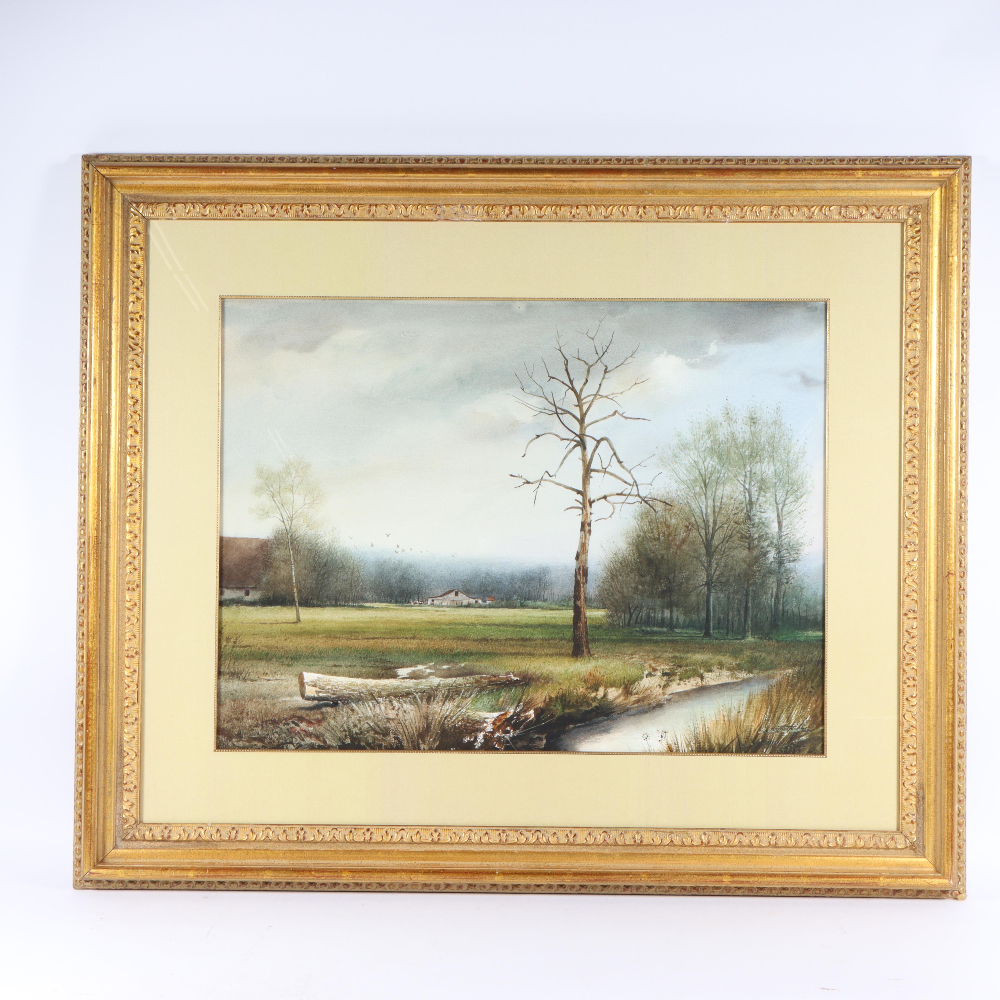 landscape with creek and barn in the distance