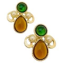 EMMONS signed gold jewel designer clip on earrings