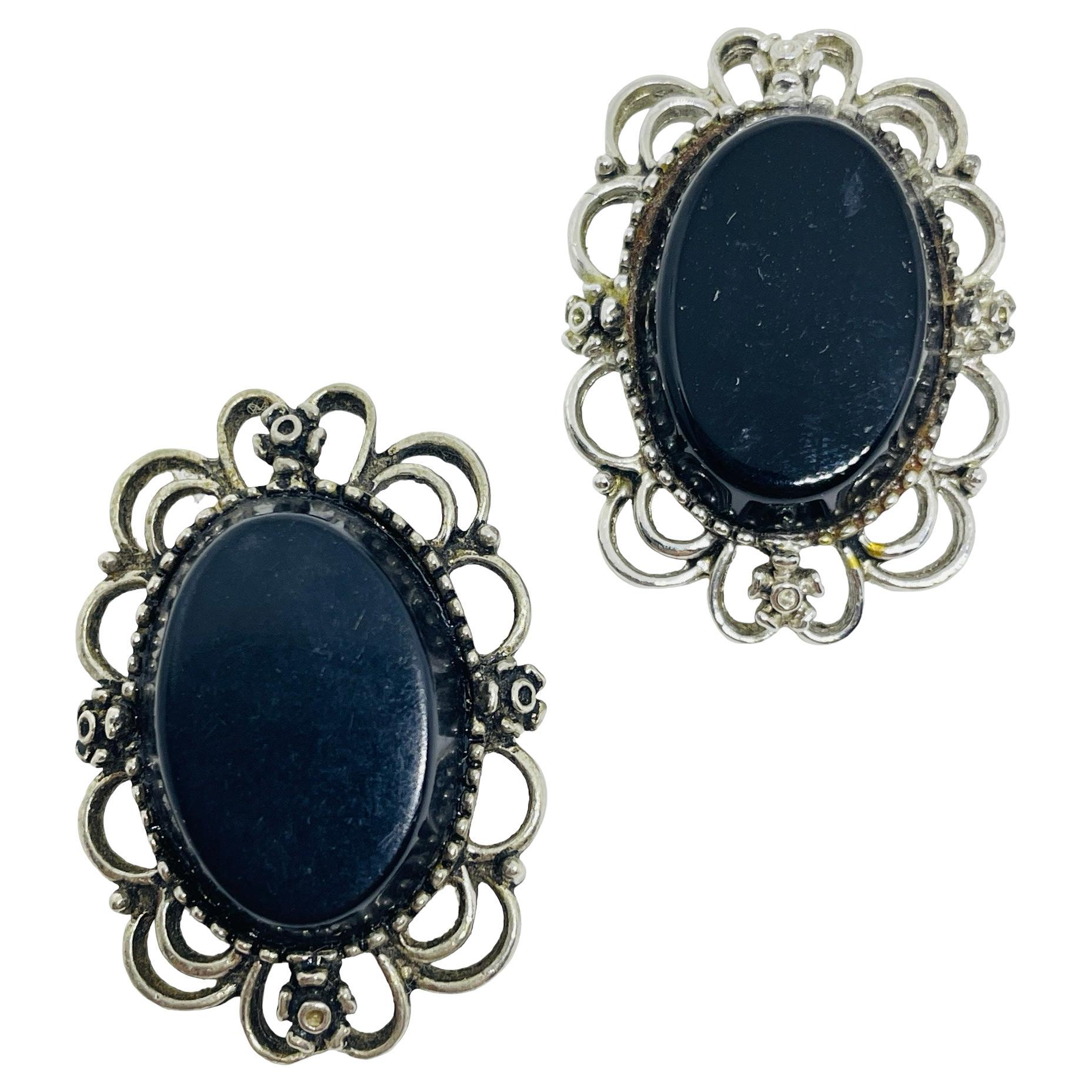 EMMONS signed vintage silver tone with black resin designer clip on earrings For Sale