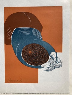 WOMAN DRAWING / Child Drawing - Color Linocut Print, American Modern, Circa 1955