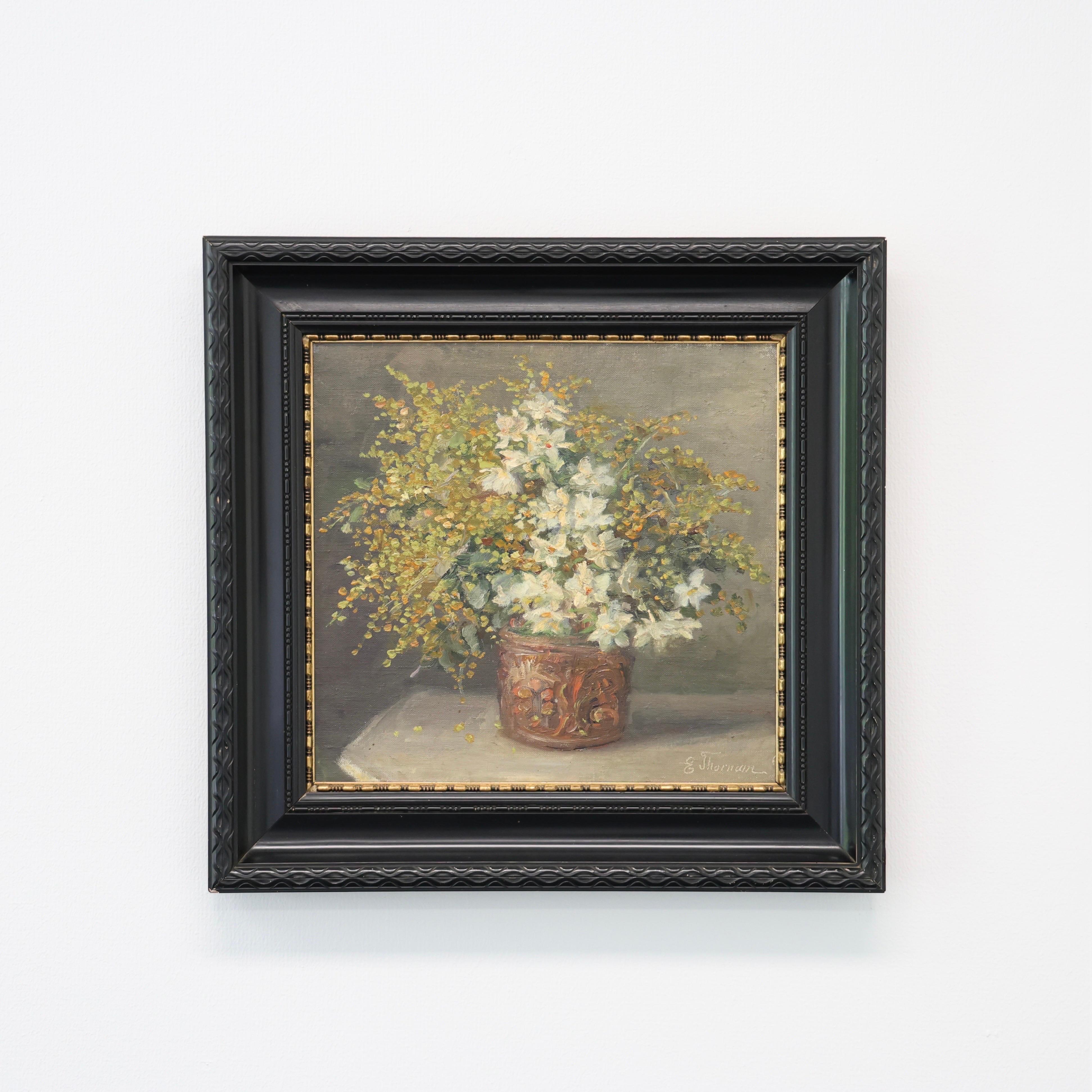 Still-life 'Flower Arrangement' Oil Painting made by Danish Artist Emmy Thornam in the 1920s.

* Still-life oil painting of a flower arrangement. Black vintage frame. Signed ‘E. Thornam’ lower right.
* Artist: Emmy Thornam (Denmark). 
* Year: est.