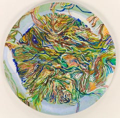 Flow Out, circular organic gestural abstraction with vibrant greens