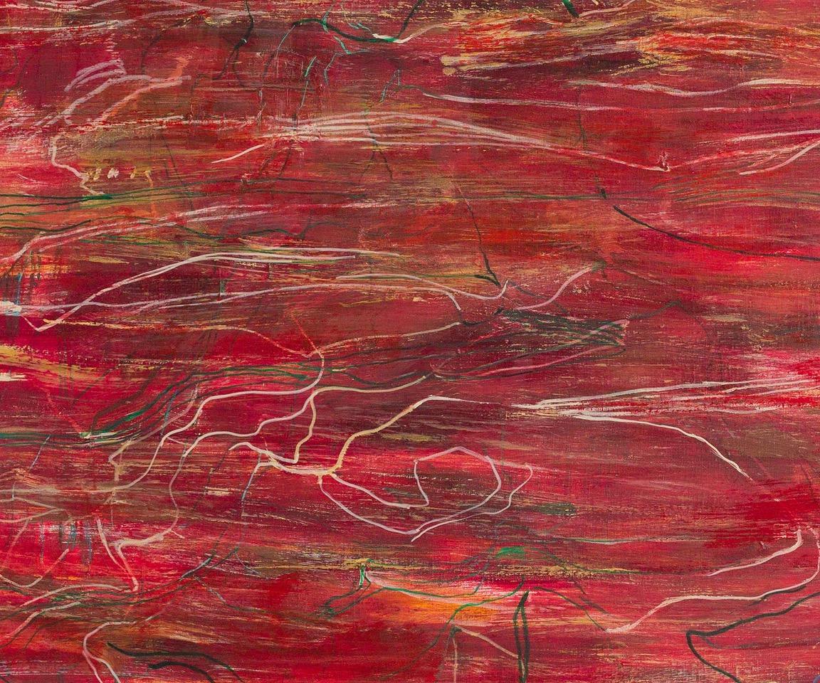 Tugging at the Red Cloth, gestural red contemporary abstract painting - Painting by Emna Zghal