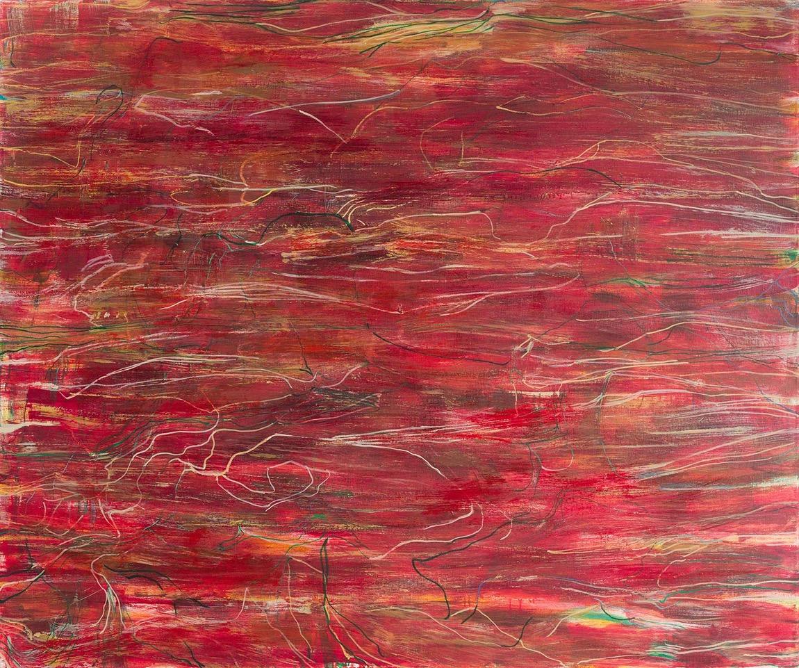Emna Zghal Abstract Painting - Tugging at the Red Cloth, gestural red contemporary abstract painting