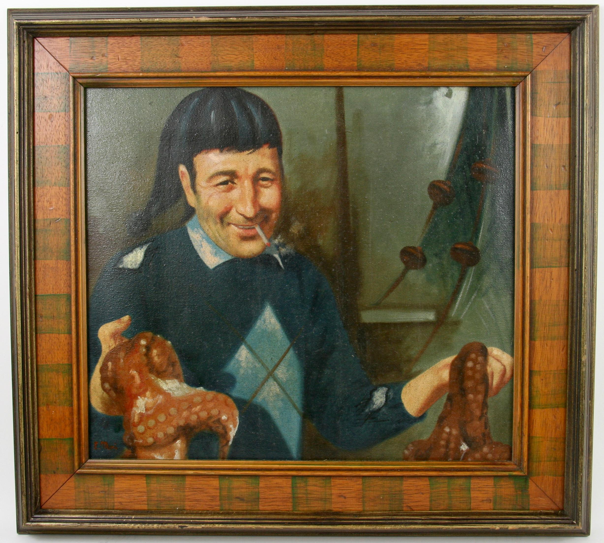 Antiguo  Napolitano  Pescador sujetando un Octapus  Pintura figurativa al óleo en venta 1