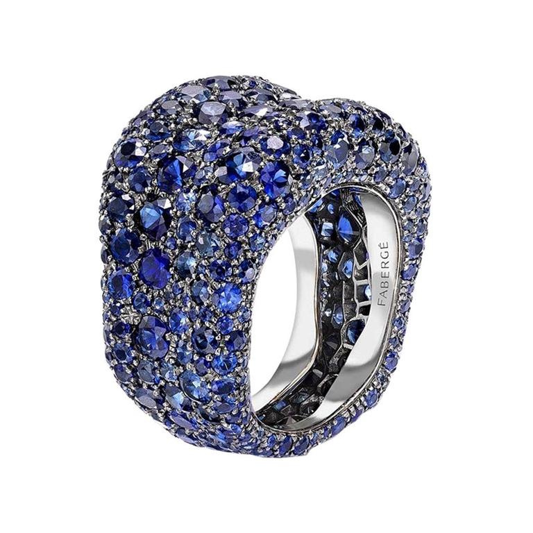 For Sale:  Fabergé Emotion 18K White Gold Blue Sapphire Encrusted Chunky Ring