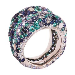 Fabergé Emotion 18k White Gold Diamond & Blue Gemstone Encrusted Chunky Ring