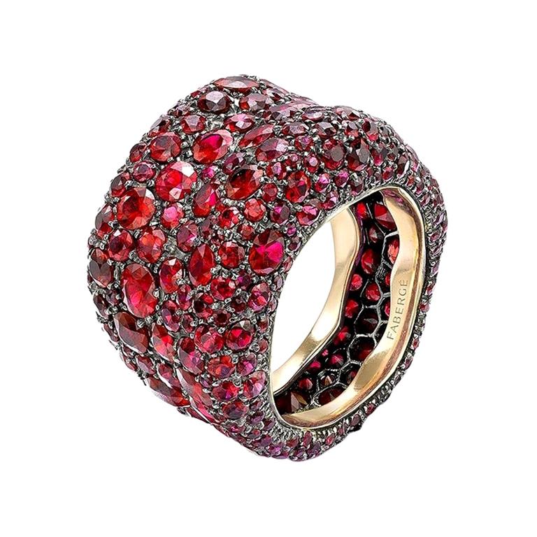 For Sale:  Fabergé Emotion 18k Yellow Gold Ruby Encrusted Chunky Ring