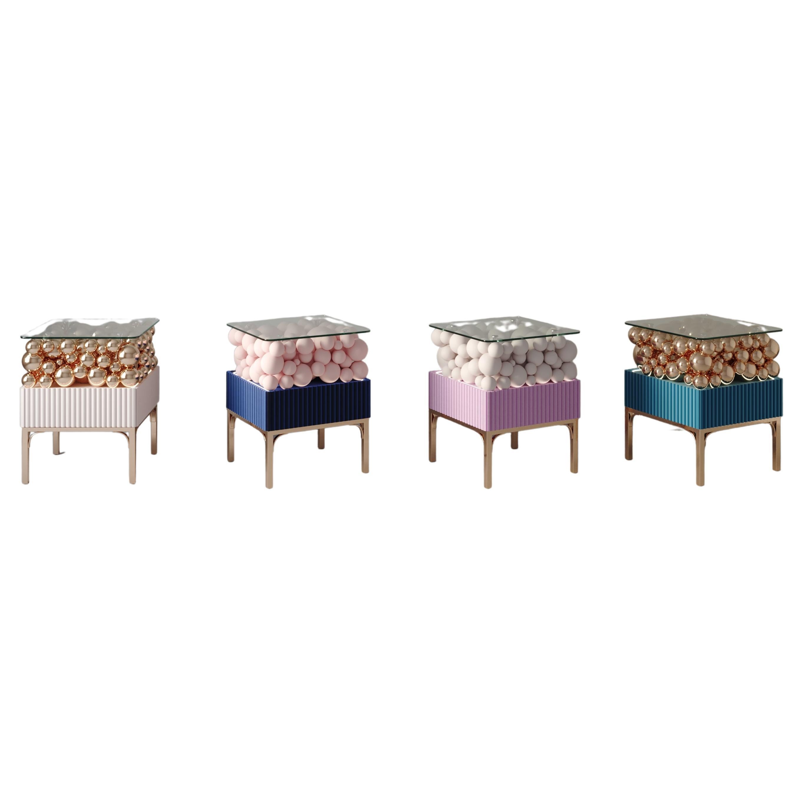 Emotional Bedside Table, Bubbles Collection, with Wooden Bubbles and Brass Legs For Sale