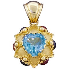 Vintage Emozioni of Italy 18 Karat Gold Blue Topaz Heart Pendant for Necklace Signed