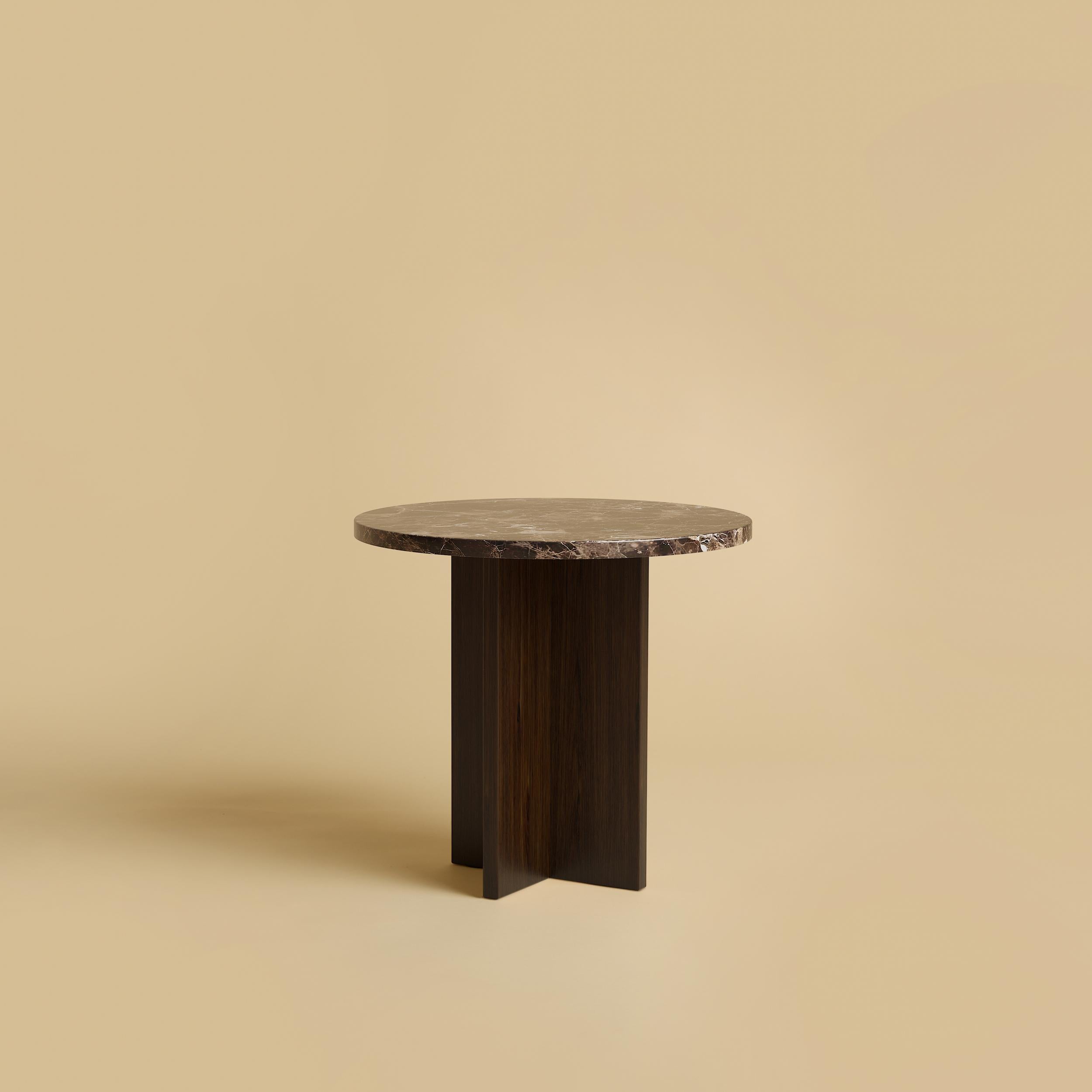 Emperador Dark and Smoked Oak Sherman Side Table by Lebanto
Dimensions: W 45 x D 45 x H 39 cm
Materials: Oak wood and marble.

Lebanto is an expression of identity, a tapestry of dreams woven from the threads of their lives. Their journey began with