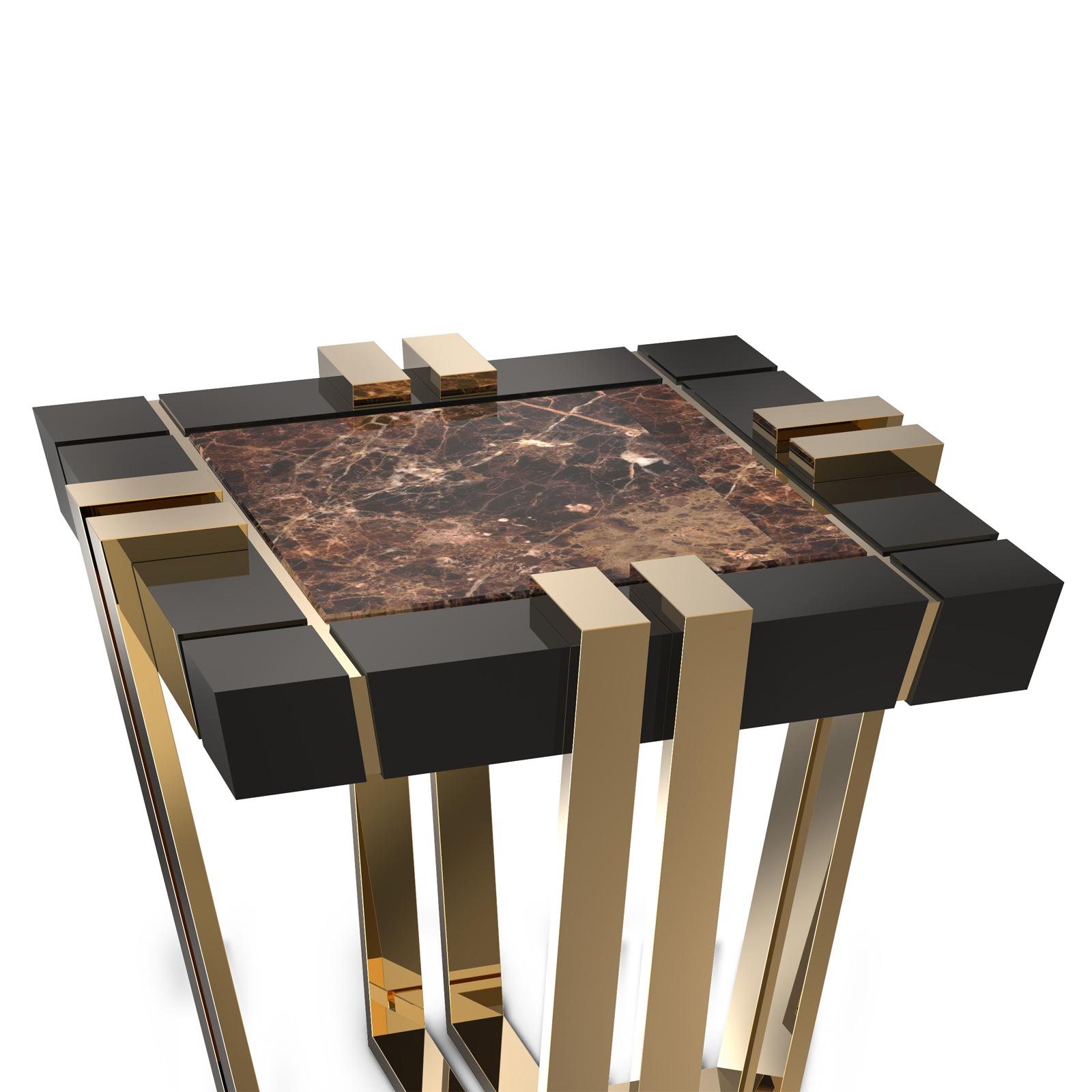 Side Table Emperador with brown marble top with
black lacquered wood frame. With polished brass
base and polished brass subtle line details.