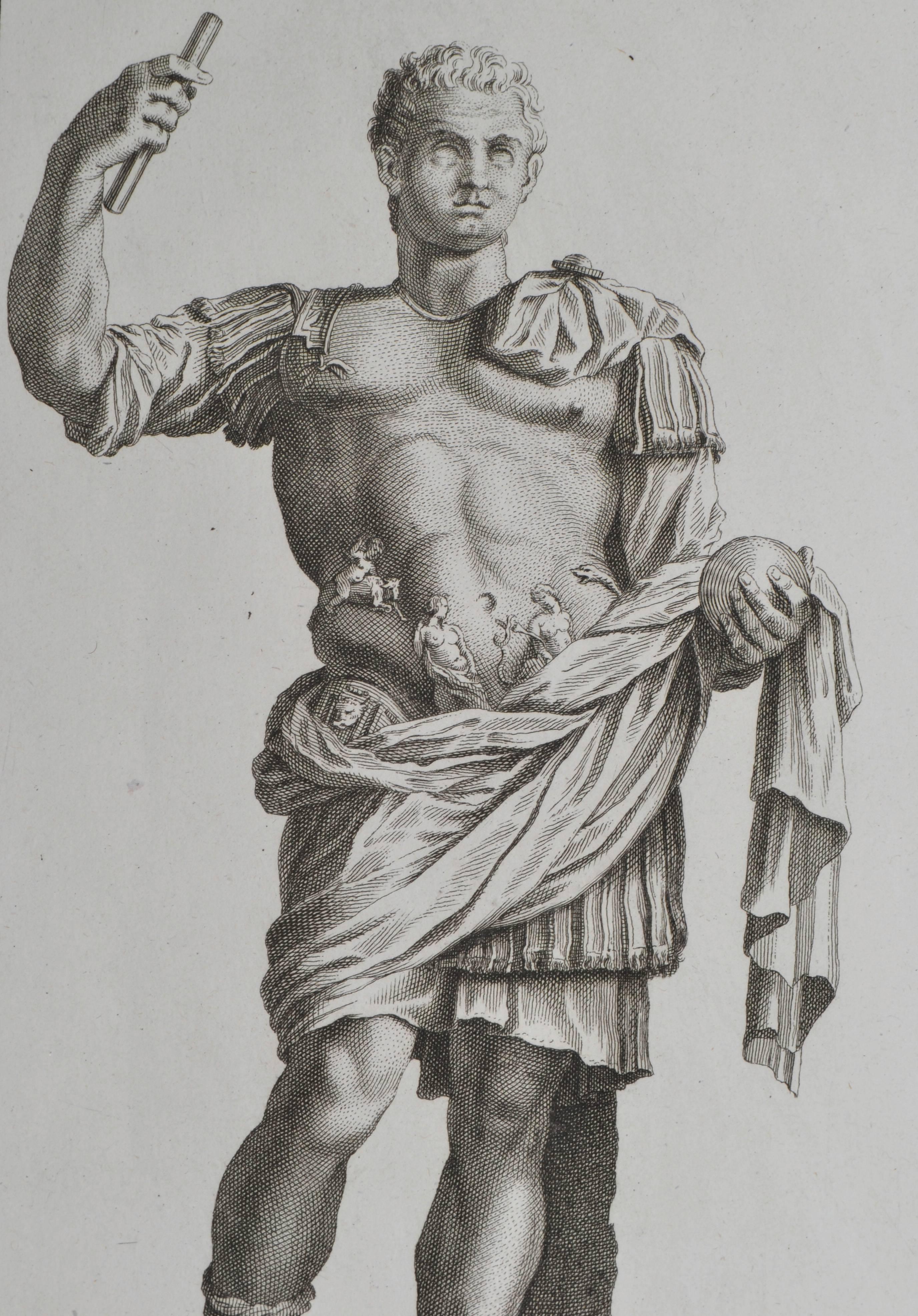 Copper plate engraving featuring the Emperor Domitian in Military Uniform.
From the book L'antiquite Expliquee et Representee en Figures. By the Benedisctine Monk Bernard de Montfaucon.
In mat and ready to frame.