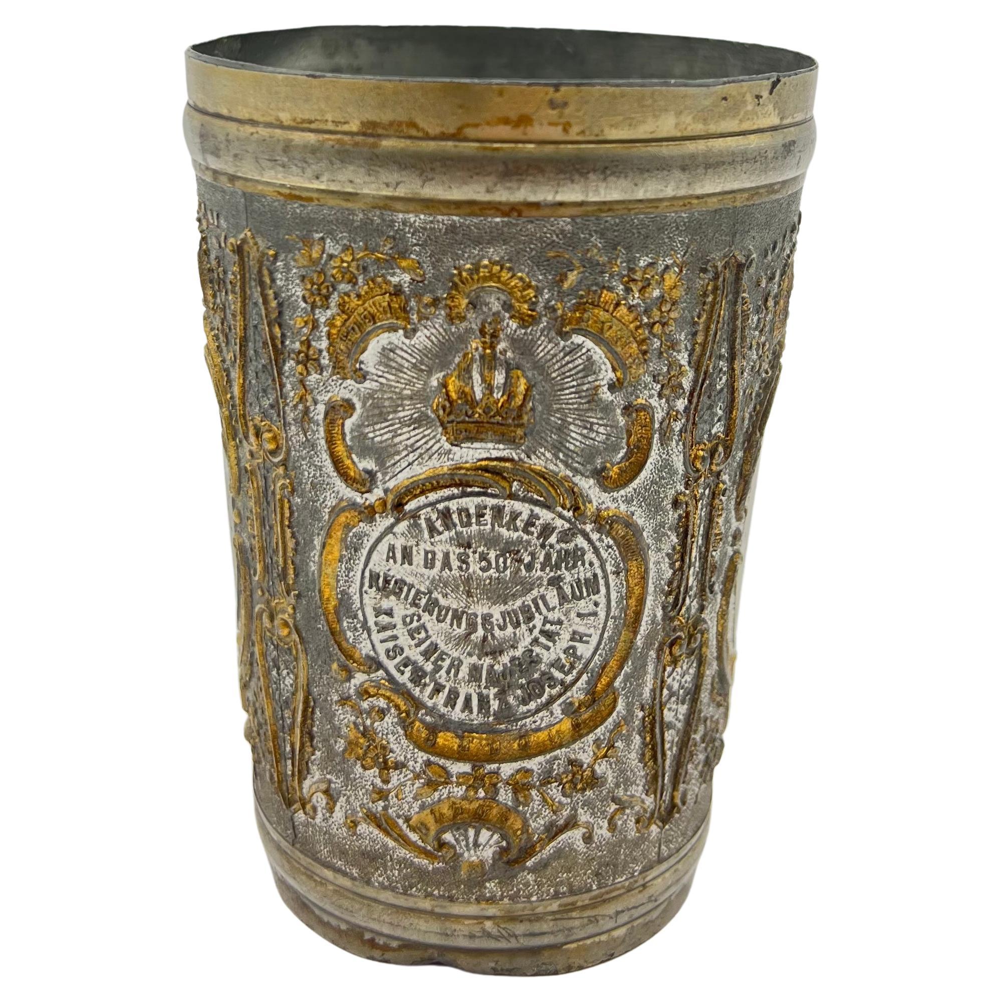 Empereur François-Joseph 1 Eduard Mahner, antique, étain, anniversaire, empereur, mug en vente