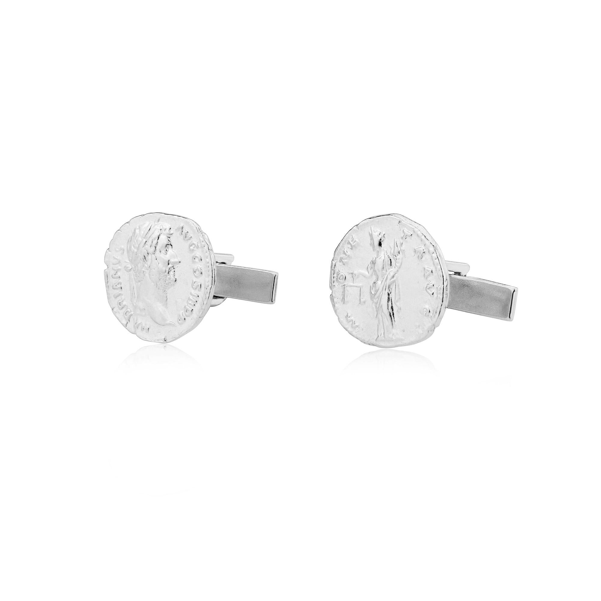 Simon Kemp, a third generation English Jeweller, has made a mould of the original coin of the Emperor Hadrian. This has been used to cast a silver cufflink which is highly detailed and tactile.
The pair of cufflinks show both sides of the coin and