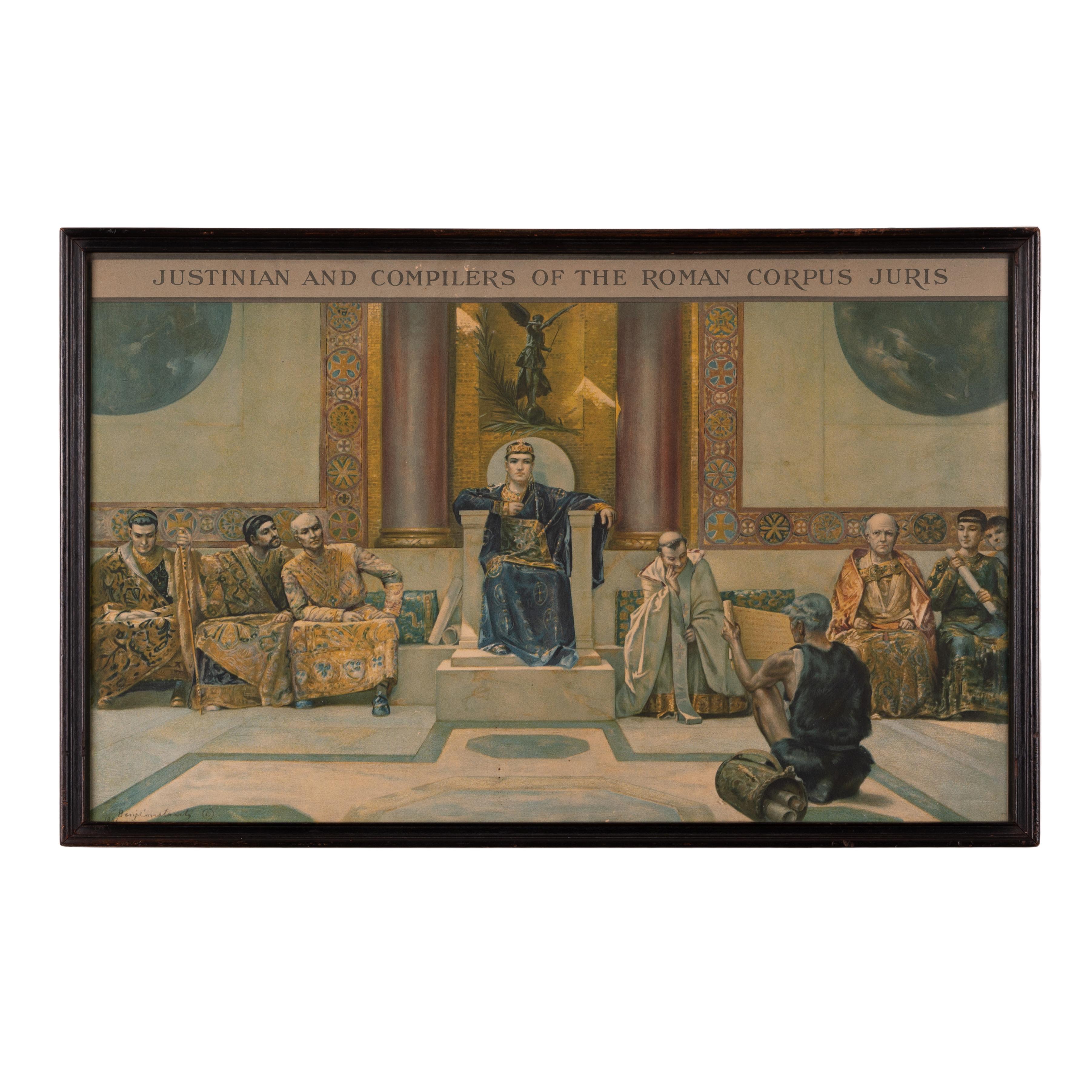 A lithograph entitled “Justinian and Compilers of the Roman Corpus Juris” after the painting by Jean-Joseph Benjamin-Constant, printed circa 1870s.

Frame: 20 ¼ by 12 ¾ inches

