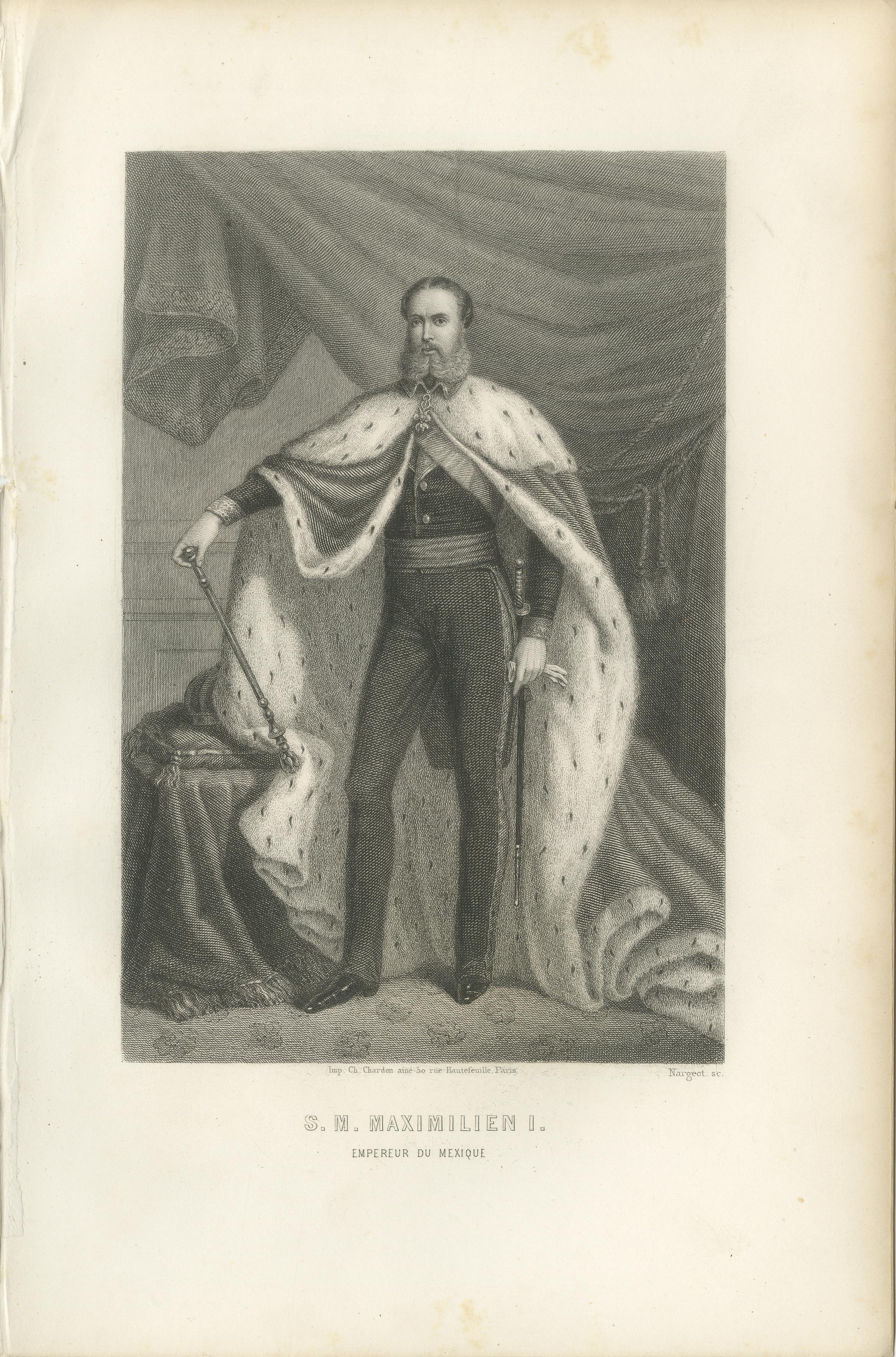 Kaiser Maximilian I. von Mexiko - Antiker kaiserlicher Porträtstich, 1867

Dieser Kupferstich aus dem 19. Jahrhundert zeigt Kaiser Maximilian I. von Mexiko (1832-1867), einen habsburgischen Erzherzog, der von 1864 bis zu seiner Hinrichtung im Jahr
