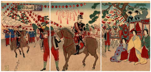 Emperor Meiji Silver Wedding Jubilee, Nobukazu Japanese Triptych, 1894