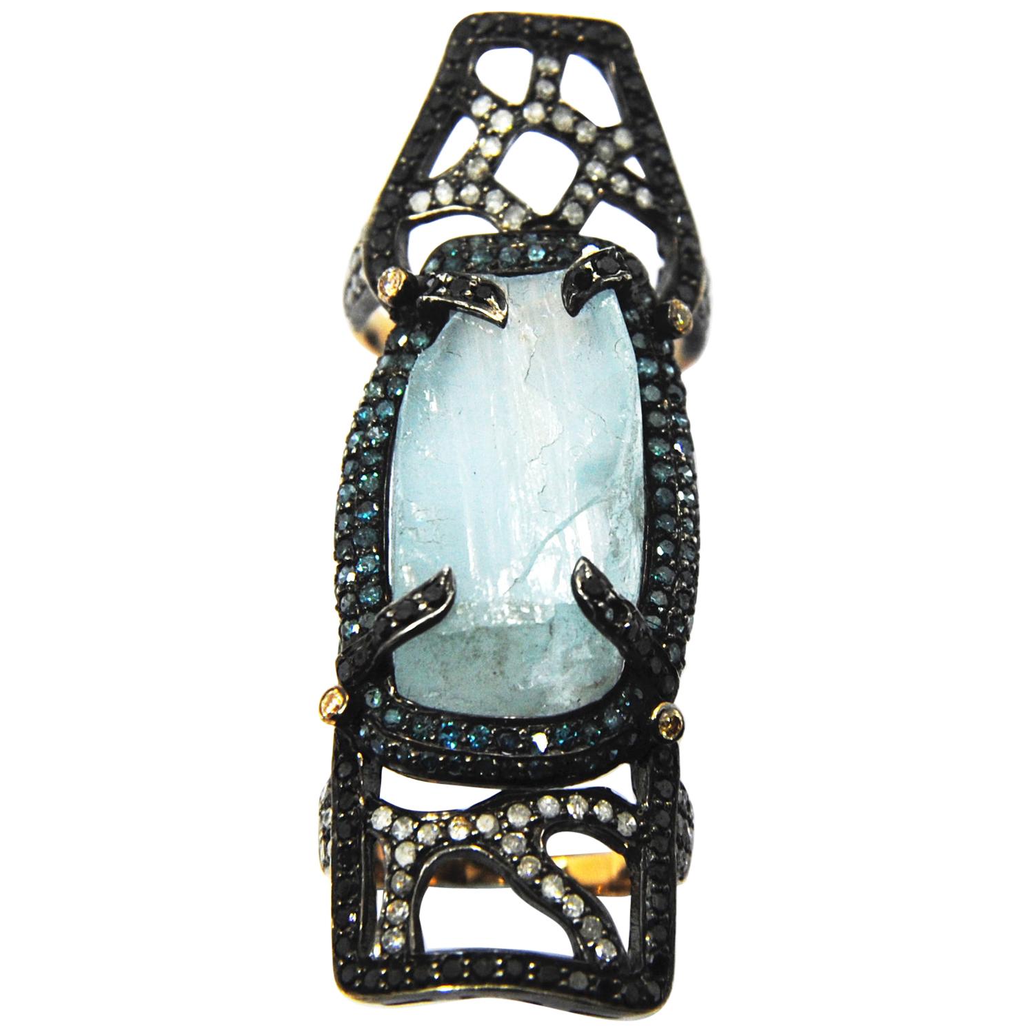 Emperor Style Ring Natural Aquamarine with Diamonds in 18 Karat Gold and Silver For Sale