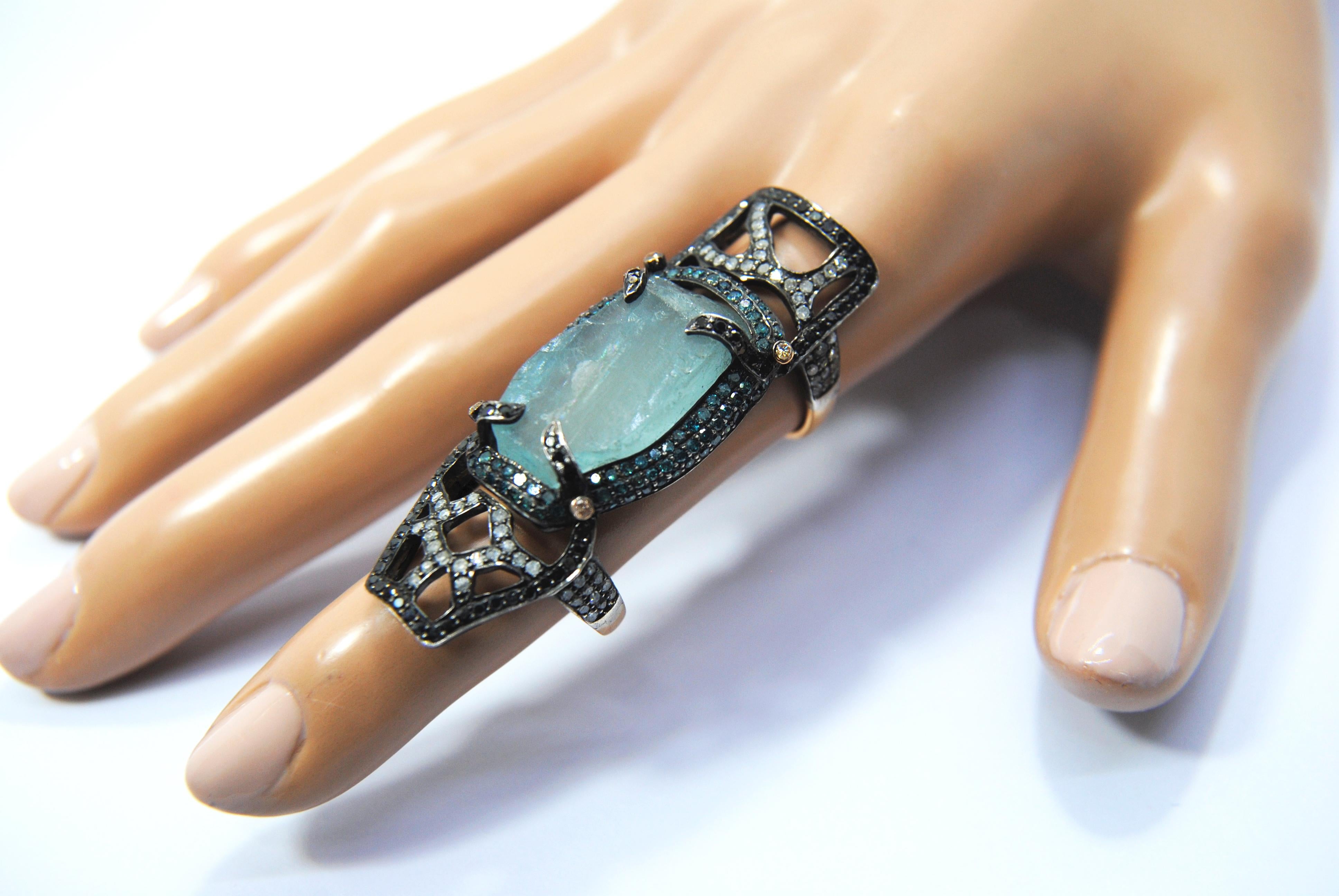 Ring im Kaiser-Stil aus natürlichem Aquamarin mit Diamanten in 18 Karat Gold und Silber Damen im Angebot