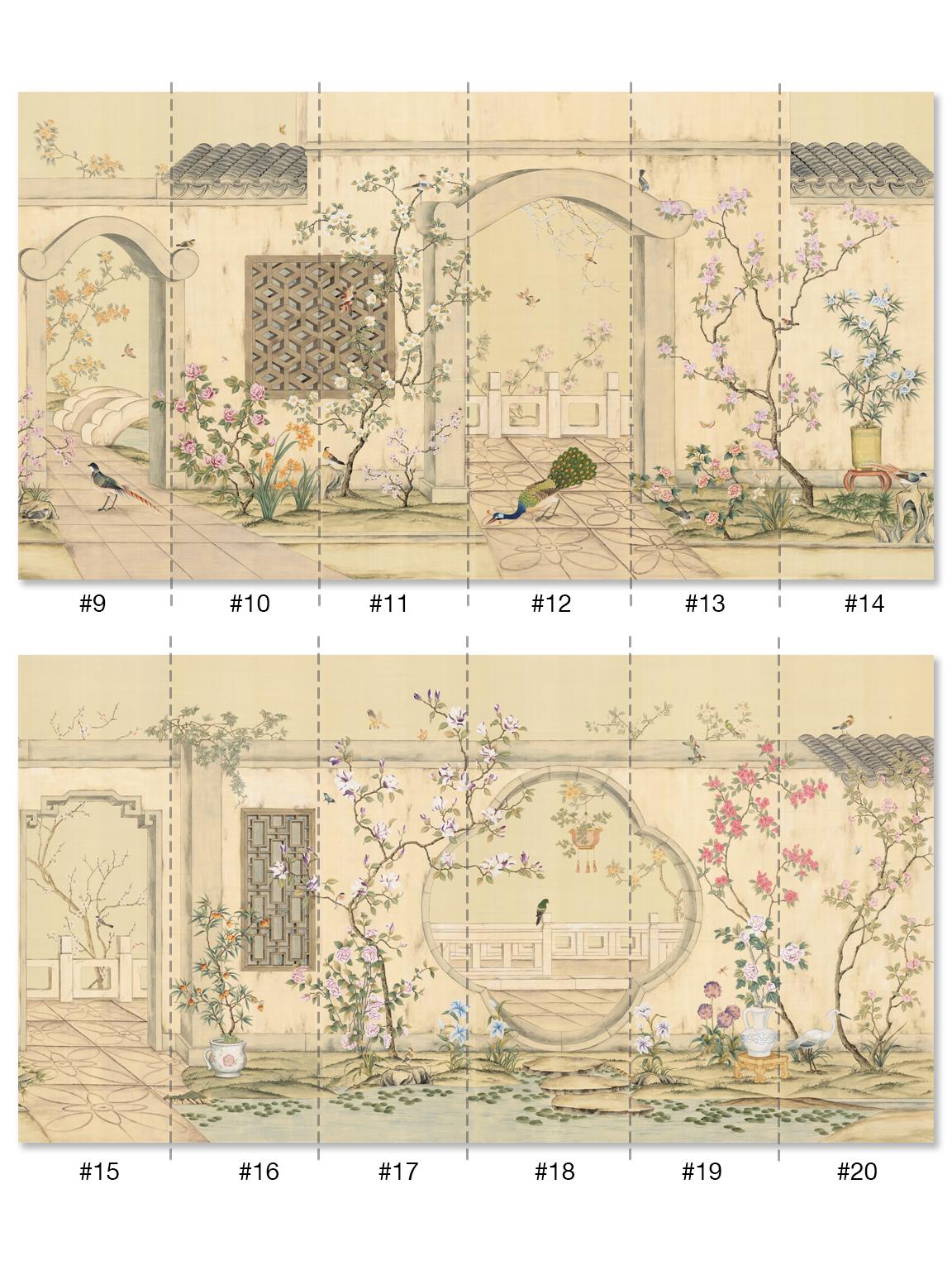 Emperor's Garden is an original full wall mural made of multiple panels. This set of 12 consecutive panels is hand painted on silk paper in the traditional chinoiserie technique. Arches and windows create framing elements for flowering trees and
