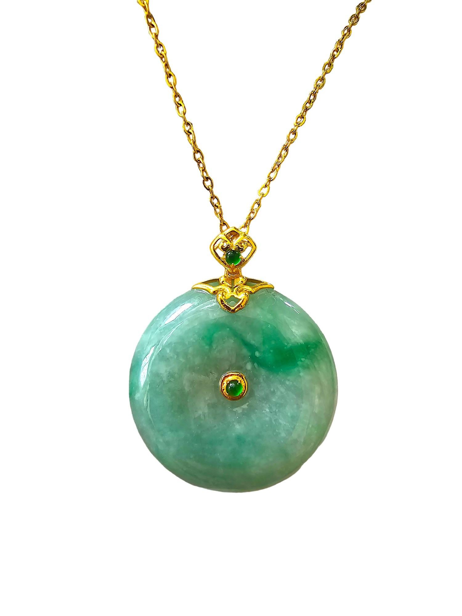 Emperors Round Burmese Green A-Jadeite 24mm Donut Pendant (with 18K Yellow Gold) For Sale 6