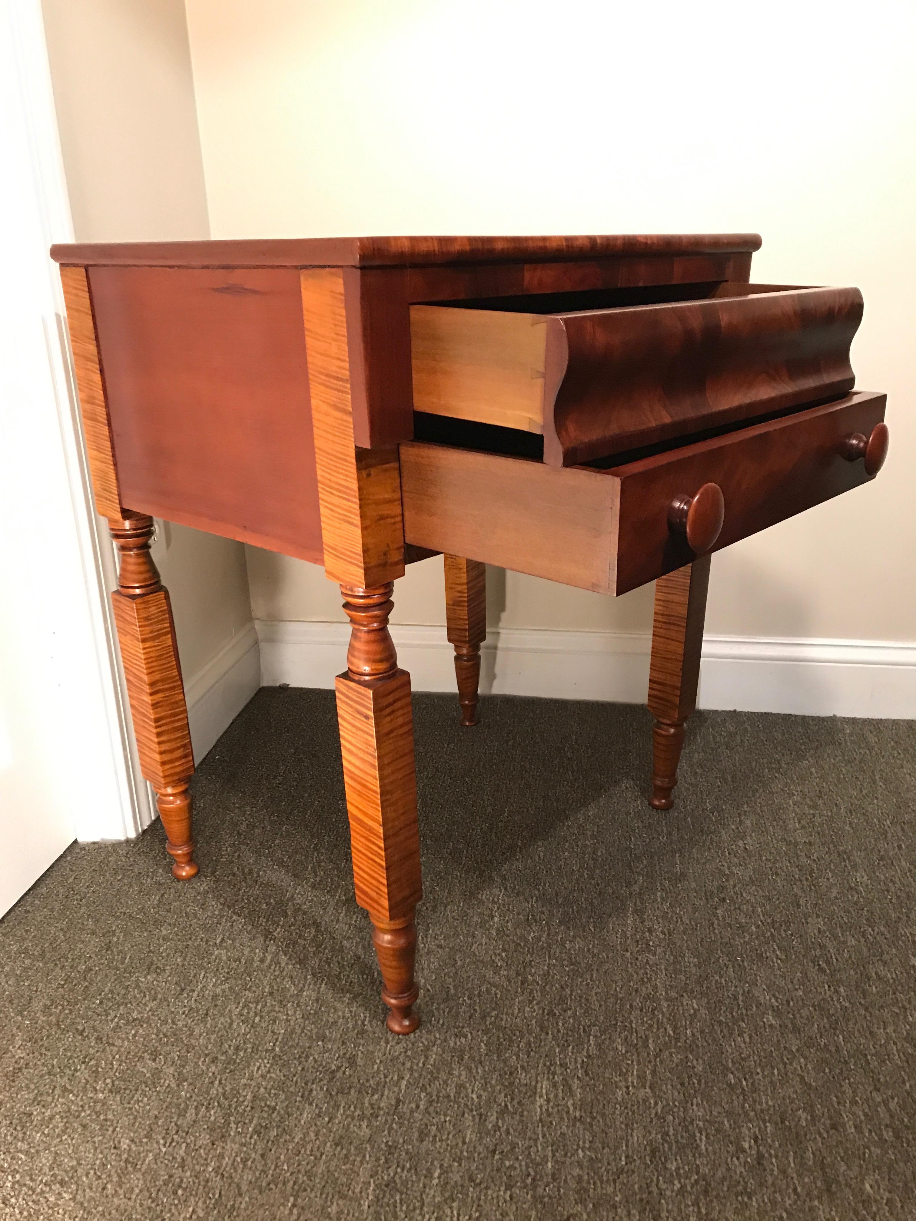 Turned Empire 2-Drawer Stand in Tiger Maple, Cherry and Flamed Mahogany, circa 1820