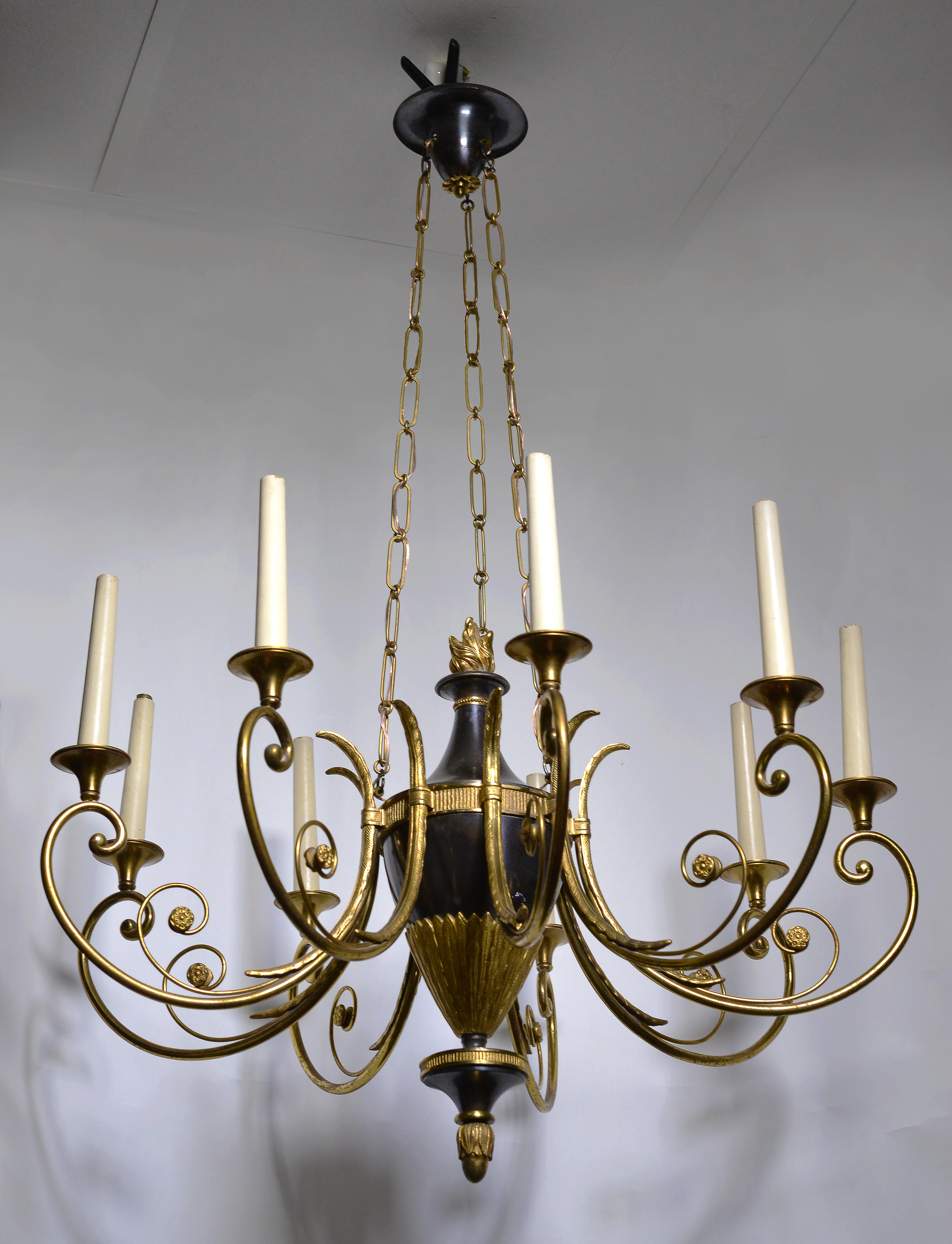 European Empire Antique Chandelier Gilt Bronze and Oxidized 9 light early 20th century For Sale