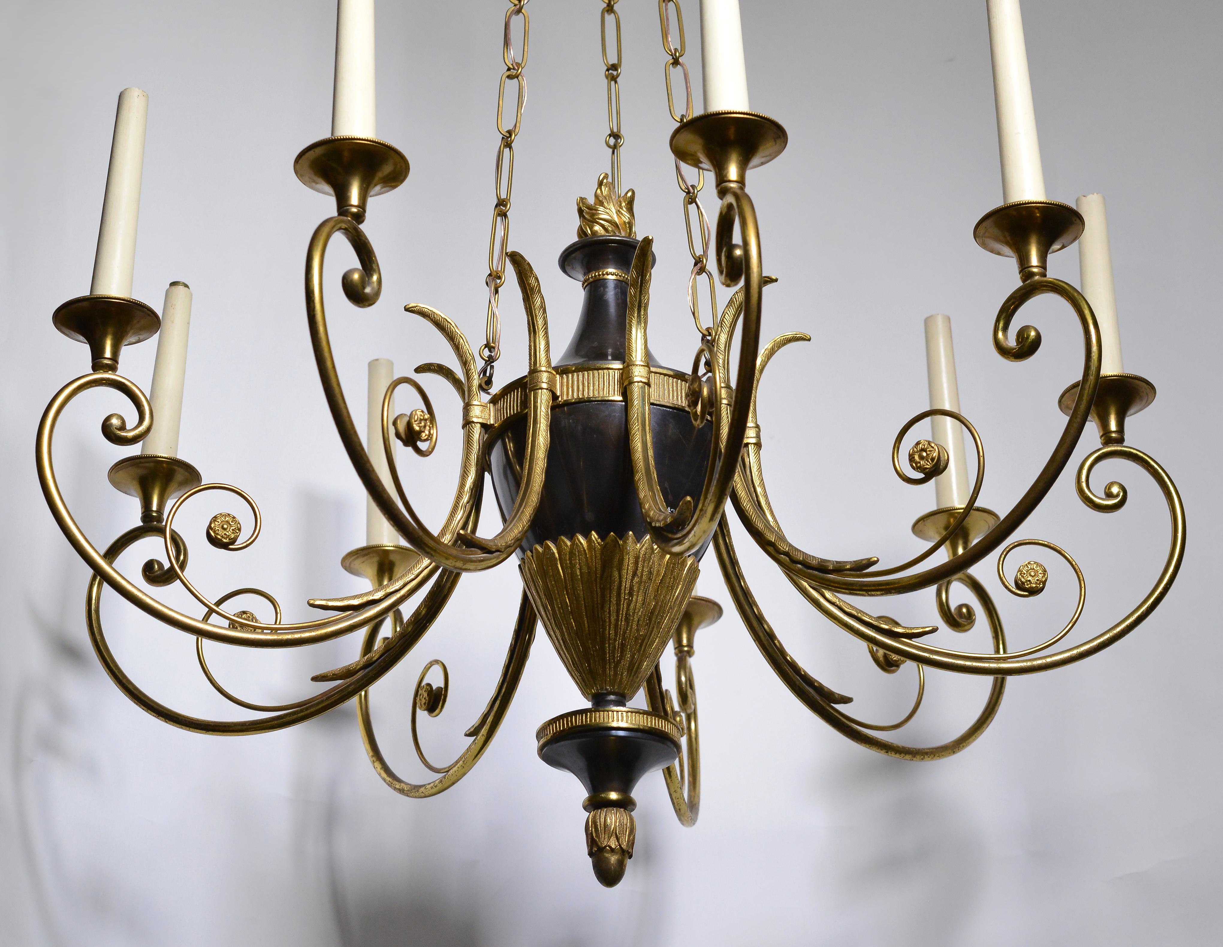 Empire Antique Chandelier Gilt Bronze and Oxidized 9 light early 20th century In Good Condition For Sale In Sweden, SE