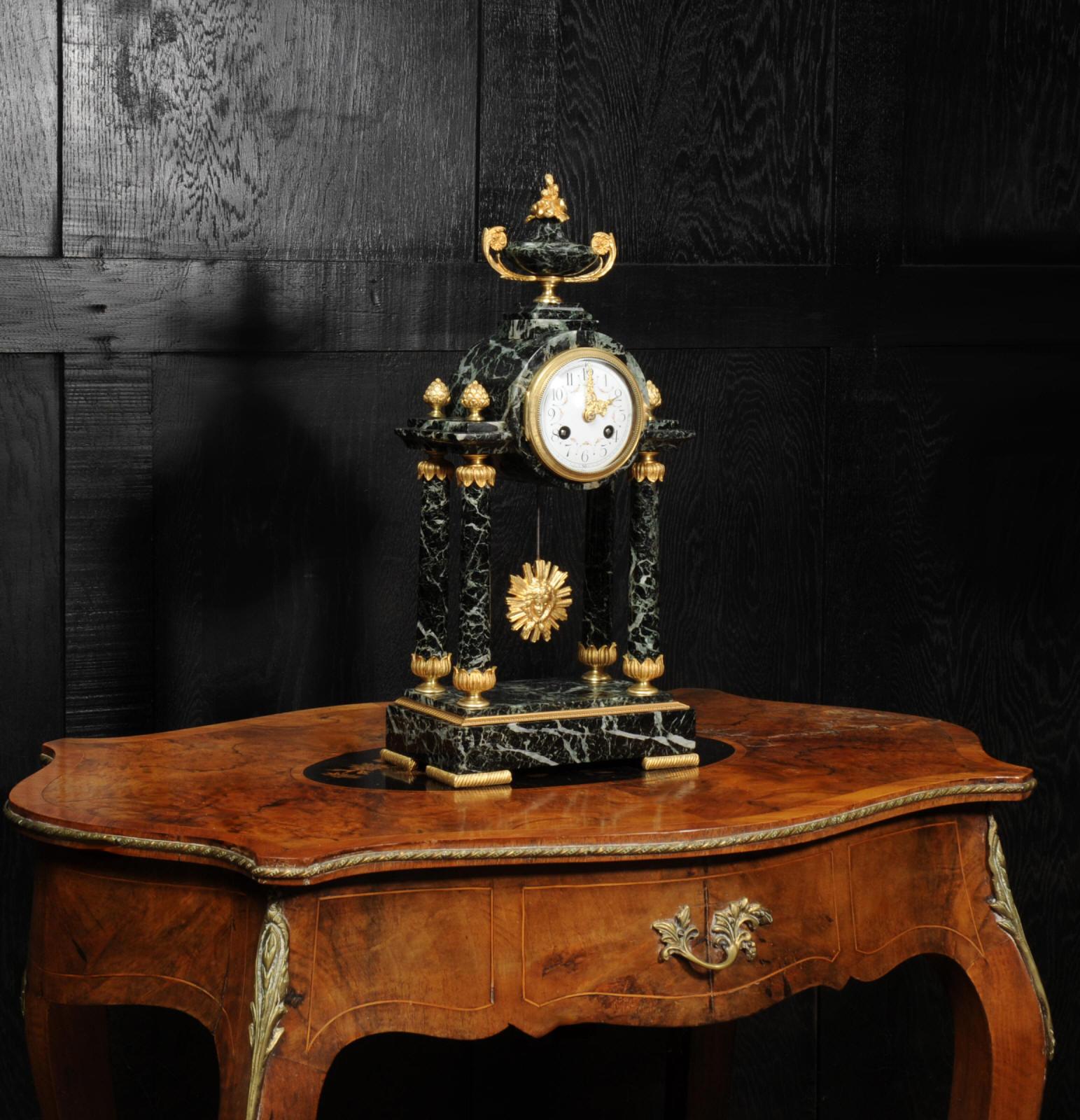 19th Century Empire Antique French Ormolu and Marble Portico Clock