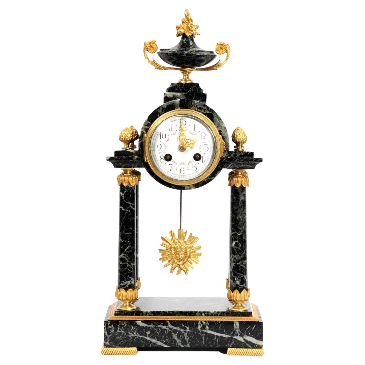 Empire Antique French Ormolu and Marble Portico Clock