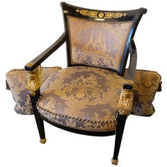 Empire Arm / Bergere / Office Desk Chair. Ebony & Giltwood Finely Upholstered