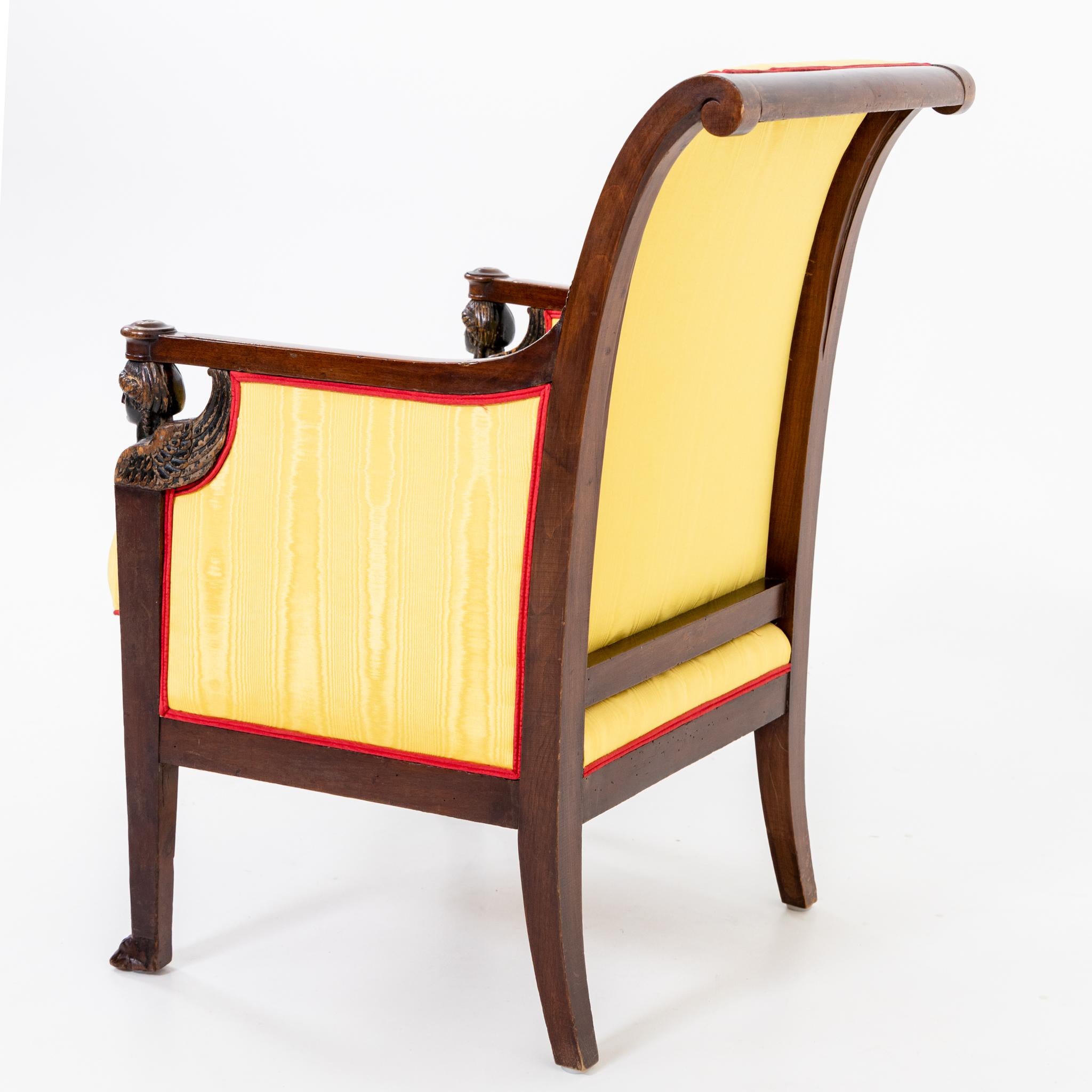 Empire Armchair with winged Caryatids and yellow Silk Fabric, France circa 1800 In Good Condition For Sale In Greding, DE